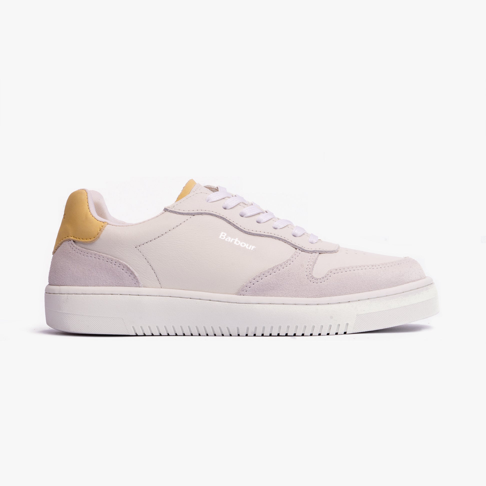 Barbour CELESTE Womens Casual Trainers White/Lemonade side view with leather and suede upper, lace-up closure, rubber sole.