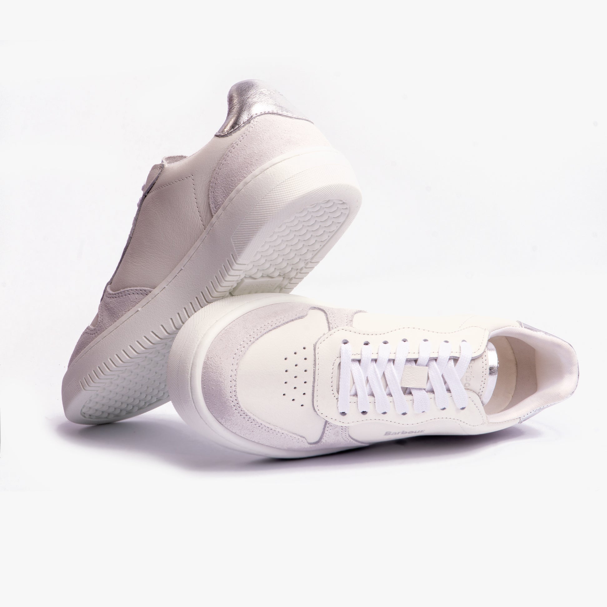 Barbour CELESTE Womens Casual Trainers White/Silver side view showing lace-up closure and low top design.