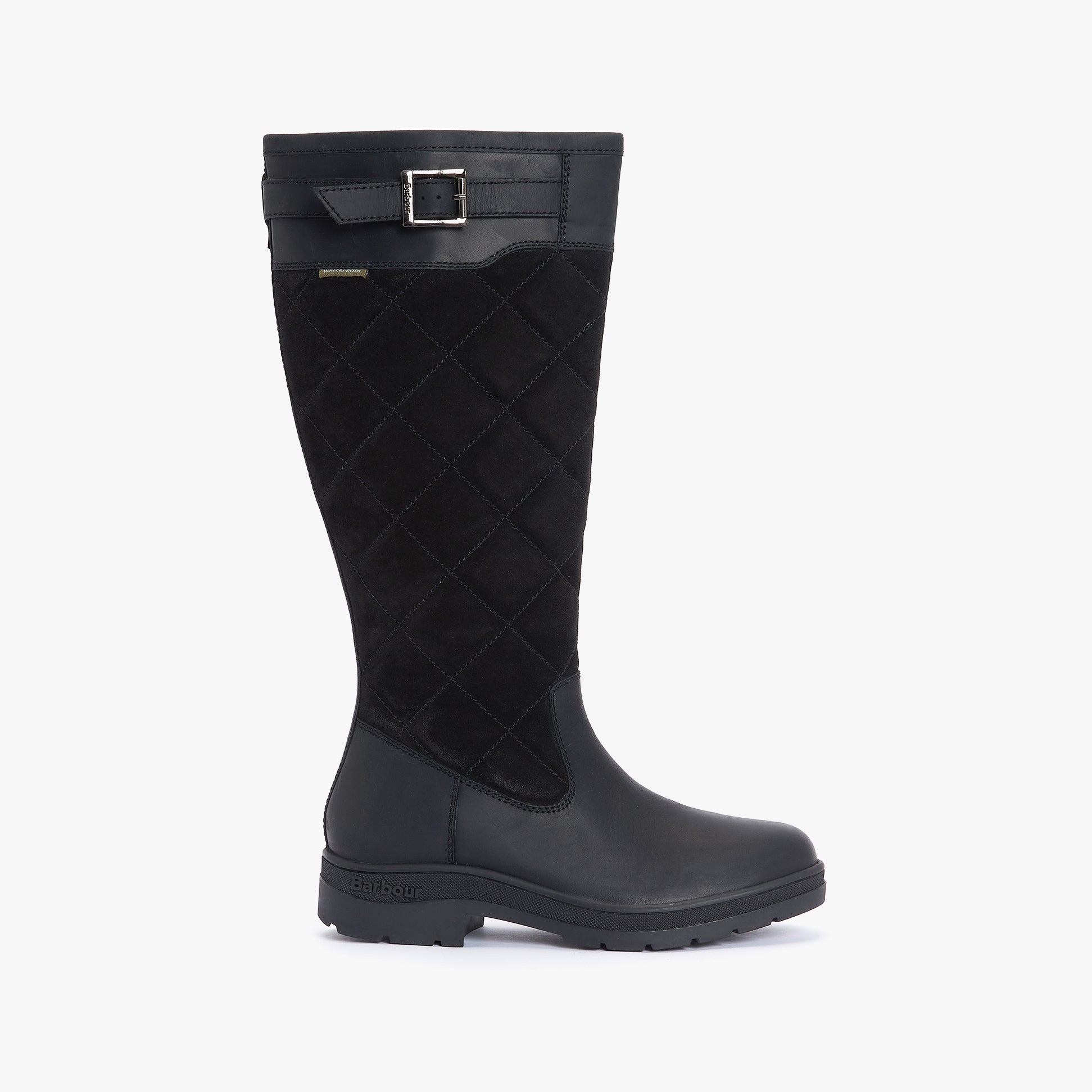 Barbour OAK Womens Waterproof Tall Boots Black side view showcasing leather and suede upper with block heel.