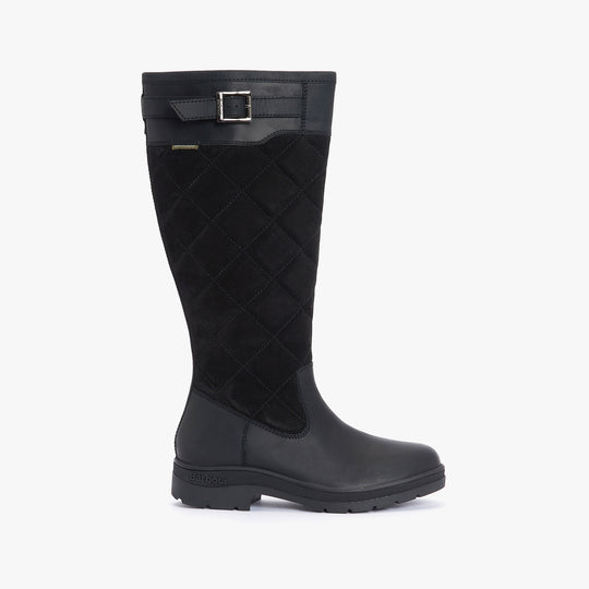 Barbour OAK Womens Waterproof Tall Boots Black side view showcasing leather and suede upper with block heel.