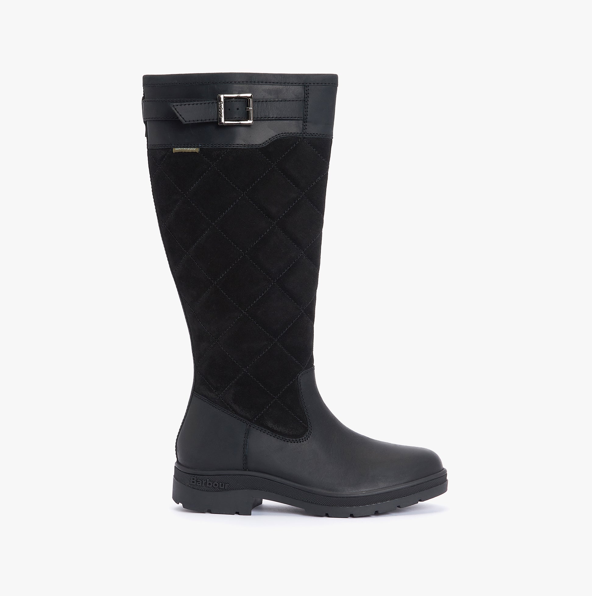 Barbour OAK Womens Waterproof Tall Boots Black side view showcasing leather and suede upper with block heel.