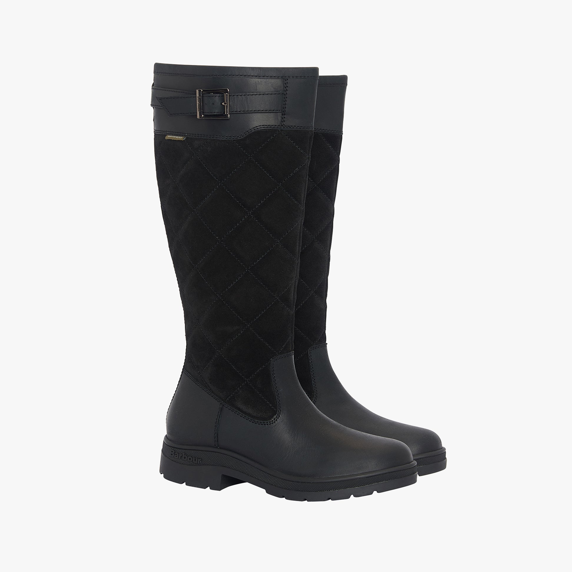 Barbour OAK Womens Waterproof Tall Boots Black side view showing quilted suede and rubber materials, block heel and knee-high design.
