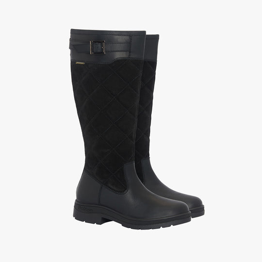 Barbour OAK Womens Waterproof Tall Boots Black side view showing quilted suede and rubber materials, block heel and knee-high design.