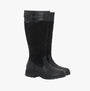 Barbour OAK Womens Waterproof Tall Boots Black side view showing quilted suede and rubber materials, block heel and knee-high design.