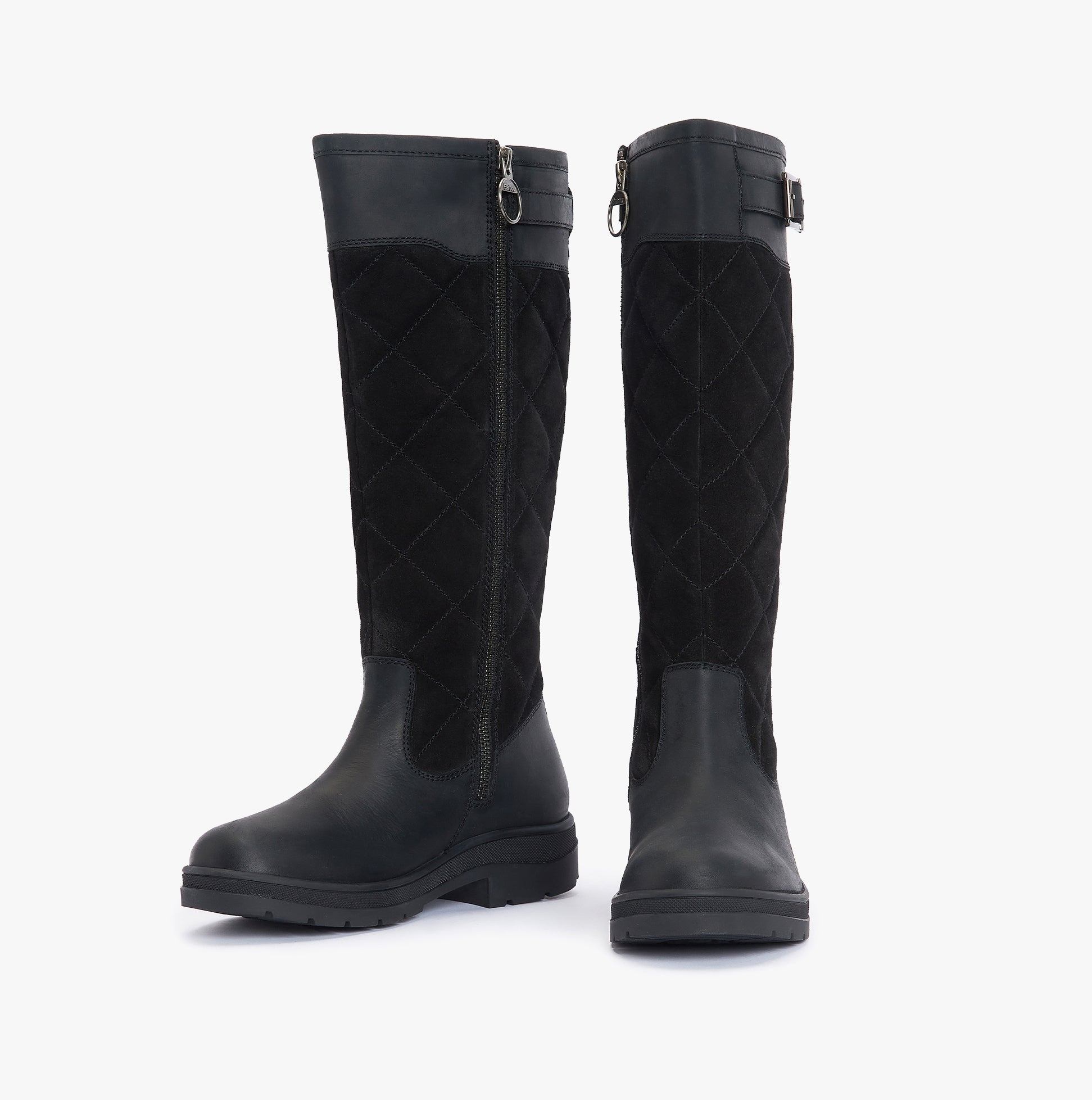 Barbour OAK Womens Waterproof Tall Boots Black side view and front view showcasing leather and suede materials.
