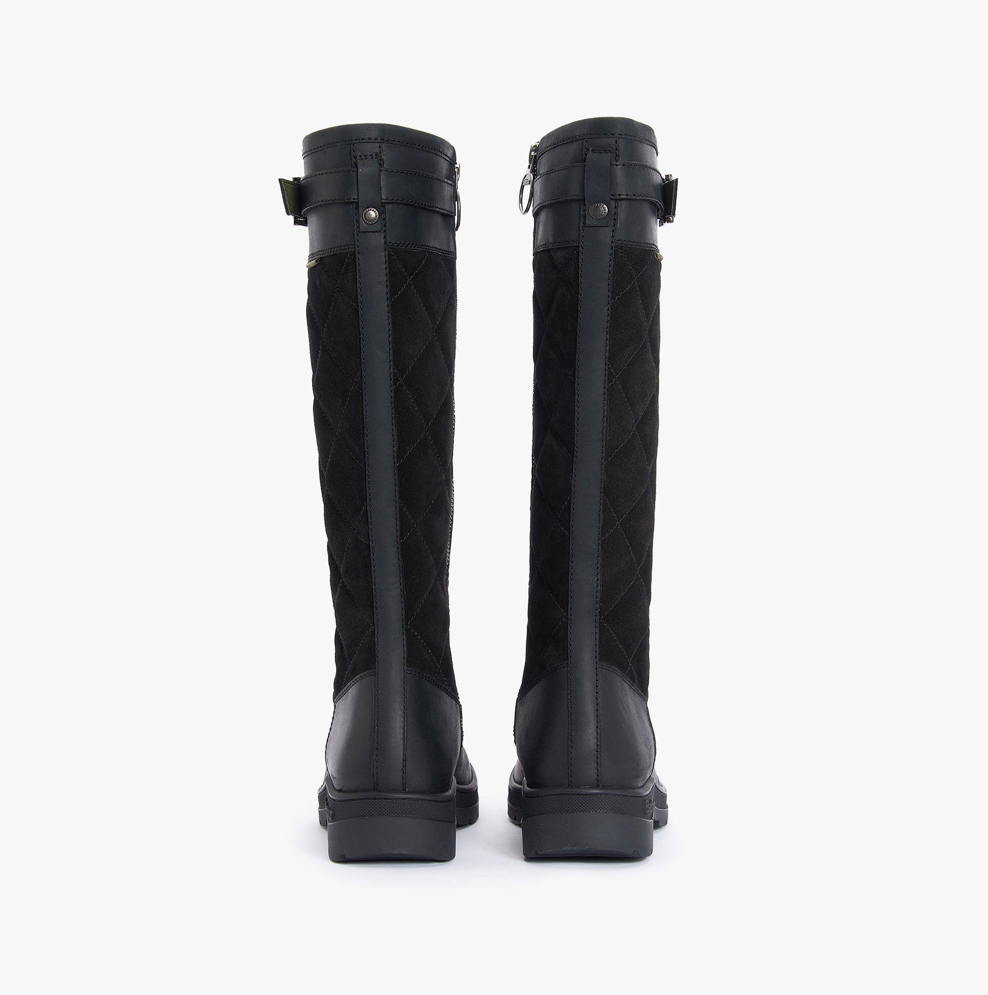 Barbour OAK Womens Waterproof Tall Boots Black back view showcasing quilted design and rubber sole.