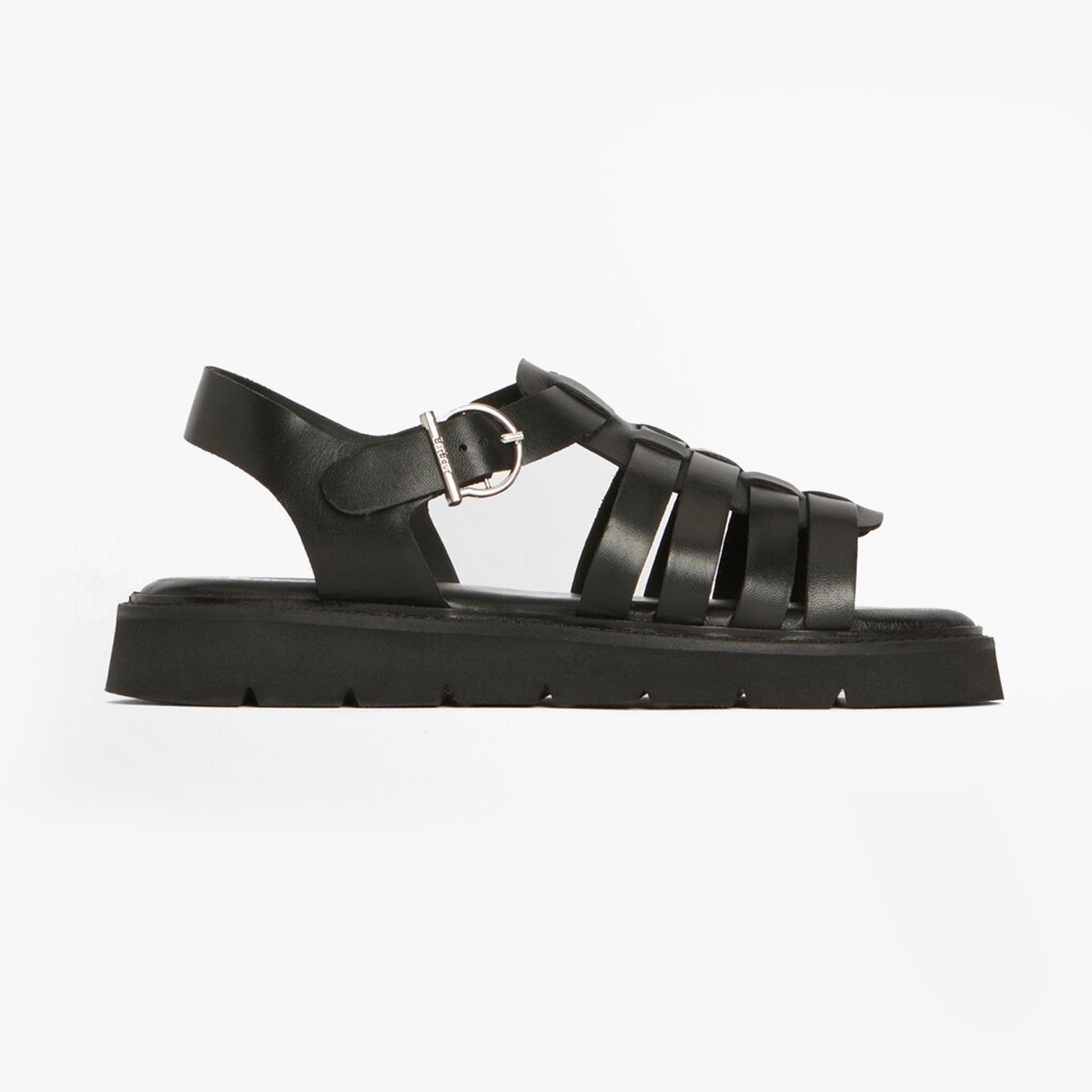 Barbour OTTERBURN Womens Fisherman Sandals Black side view showcasing leather upper, buckle closure, and rubber sole.
