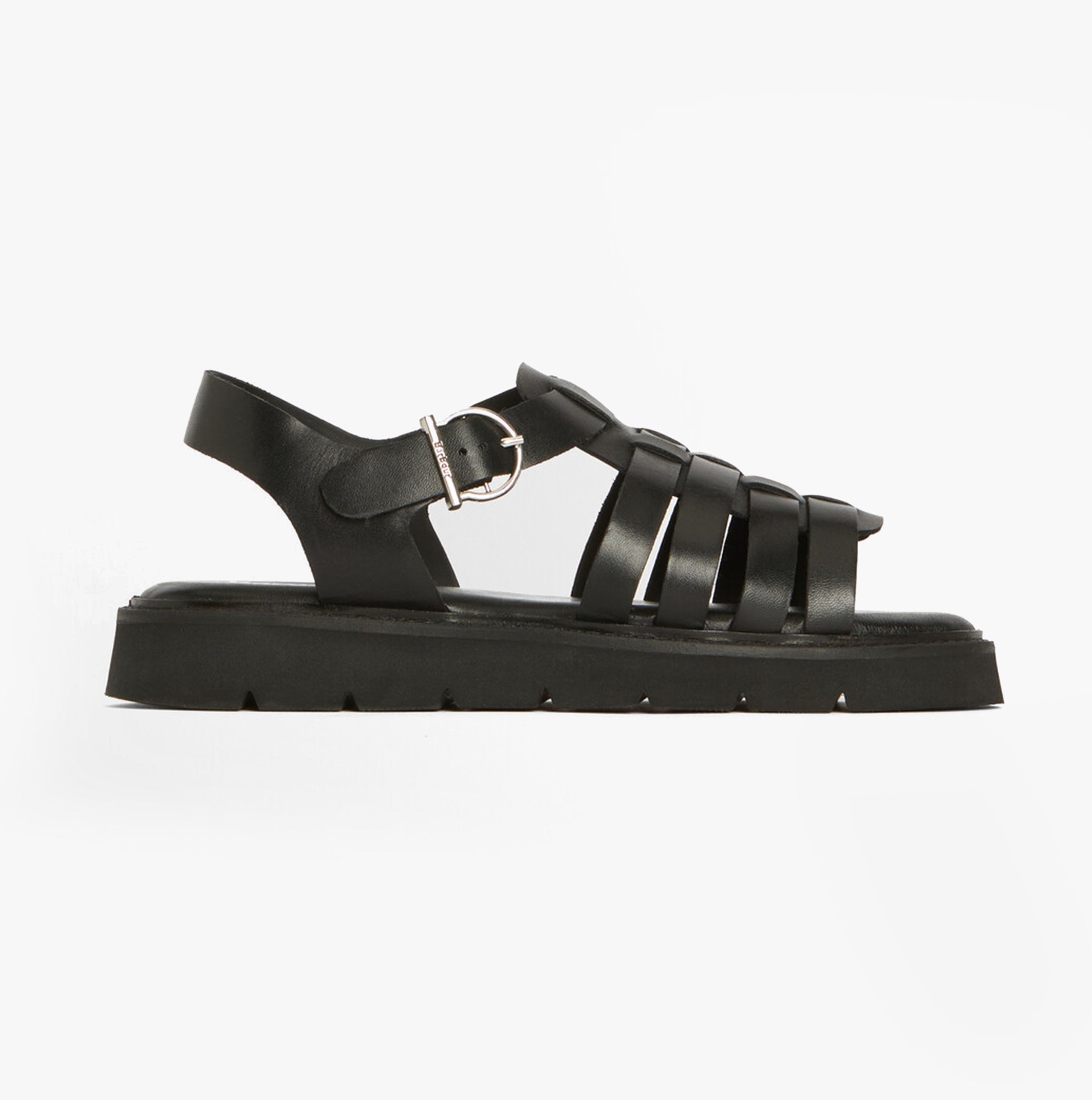 Barbour OTTERBURN Womens Fisherman Sandals Black side view showcasing leather upper, buckle closure, and rubber sole.
