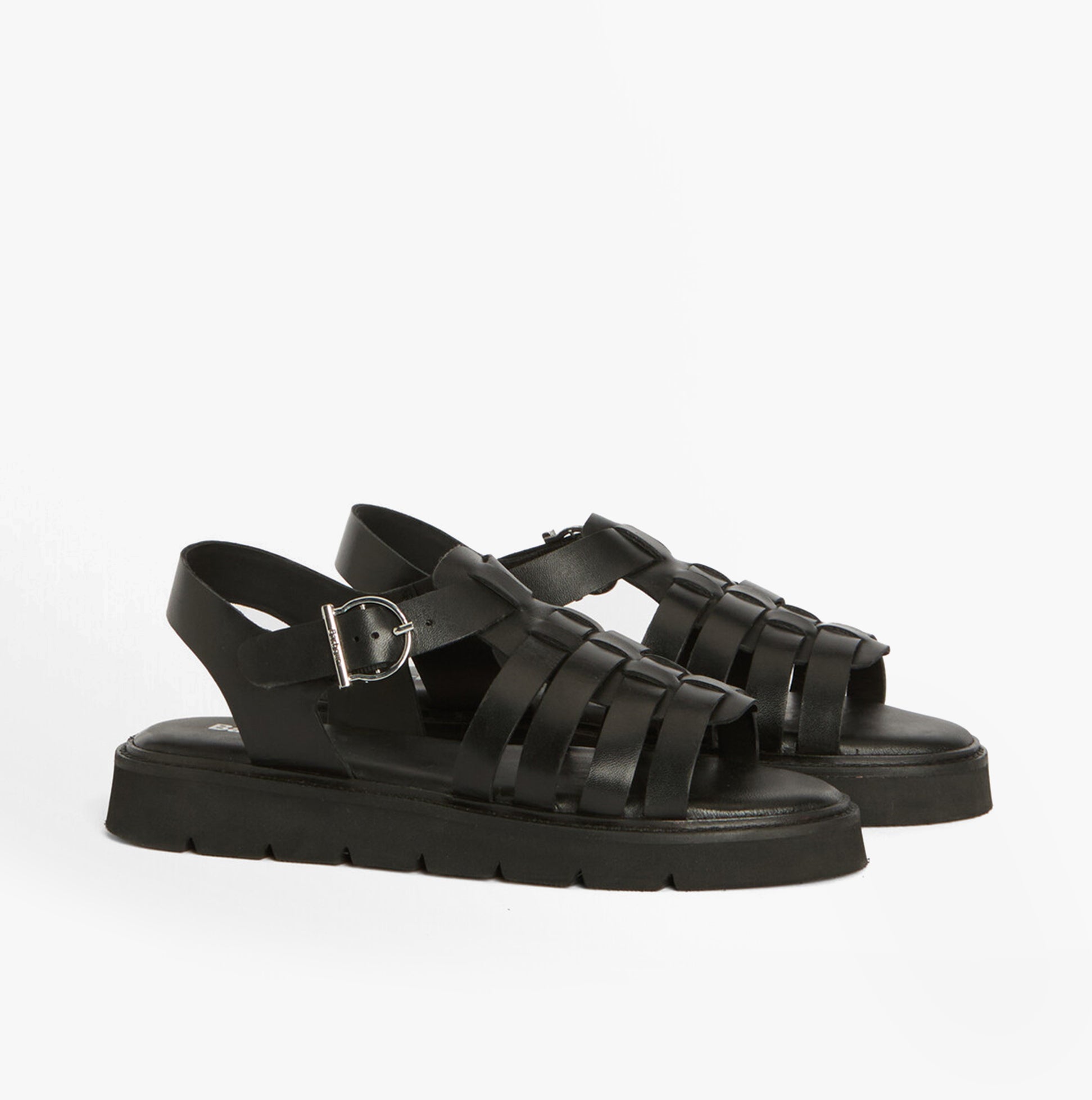 Barbour OTTERBURN Womens Fisherman Sandals Black side view showcasing leather upper and rubber sole.