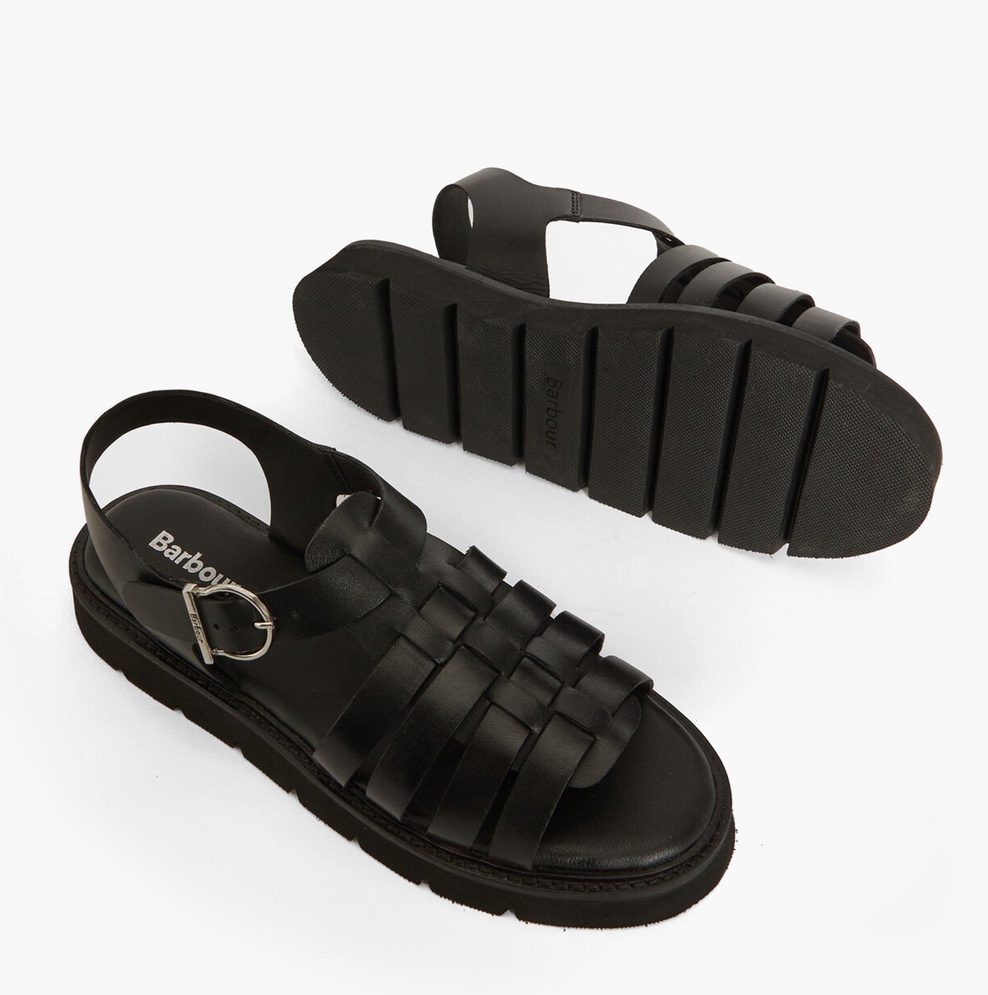 Barbour OTTERBURN Womens Fisherman Sandals Black top and bottom view showcasing leather upper and rubber sole.