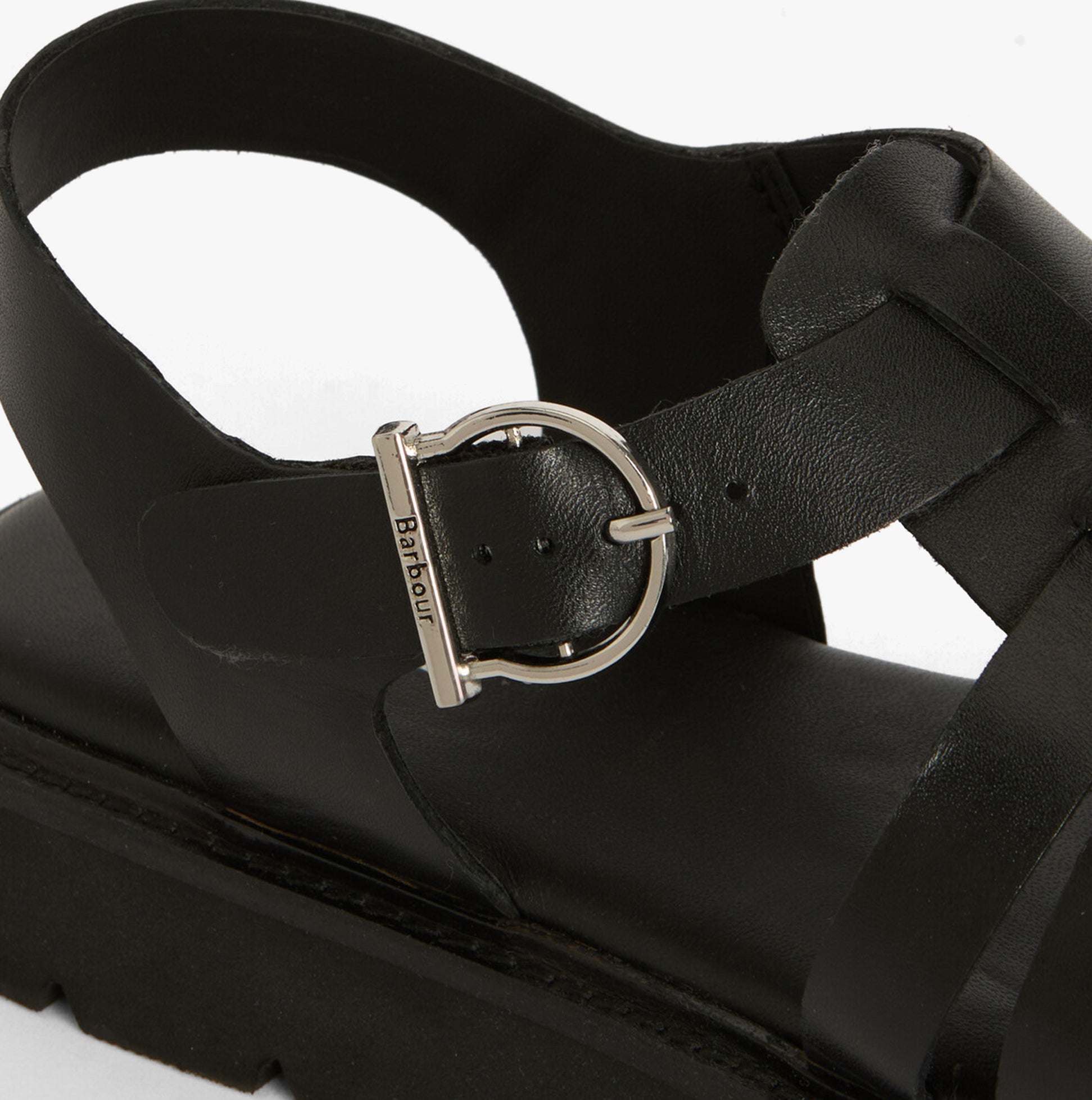 Barbour OTTERBURN Womens Fisherman Sandals Black detail view of buckle and leather upper