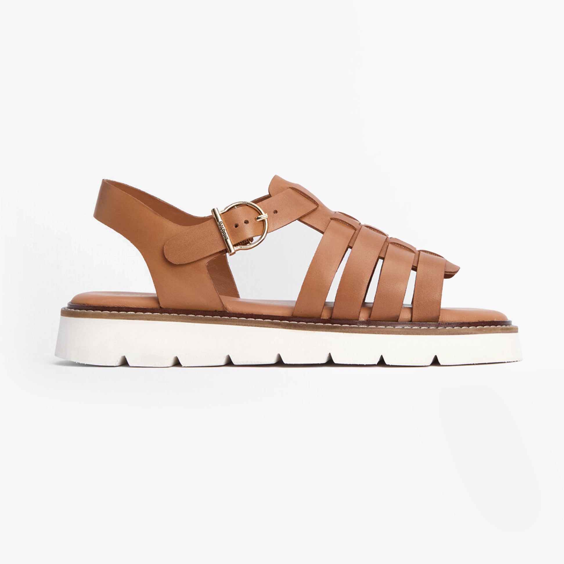 Barbour OTTERBURN Womens Fisherman Sandals Tan side view featuring leather straps and buckle detail.