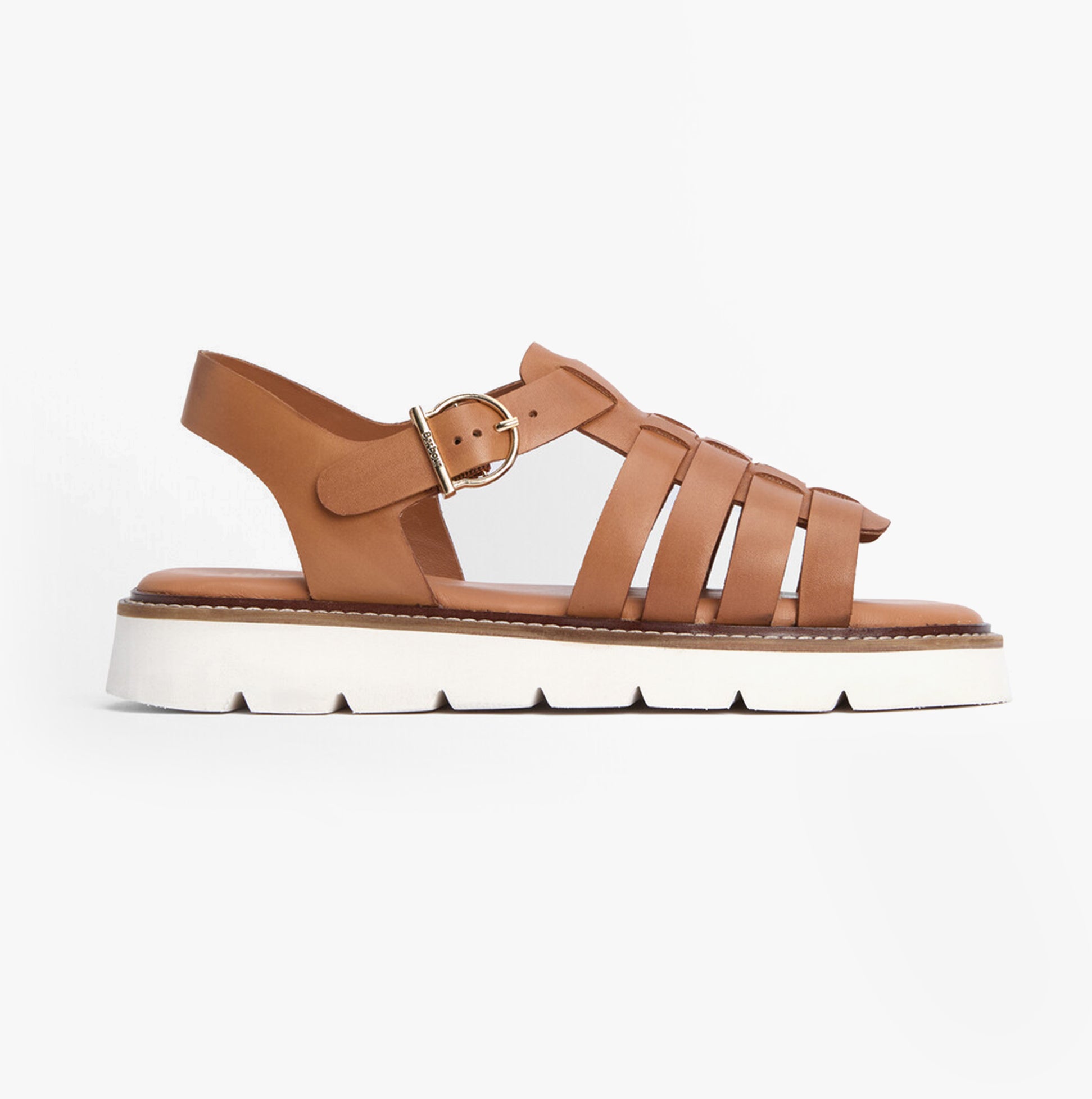Barbour OTTERBURN Womens Fisherman Sandals Tan side view featuring leather straps and buckle detail.