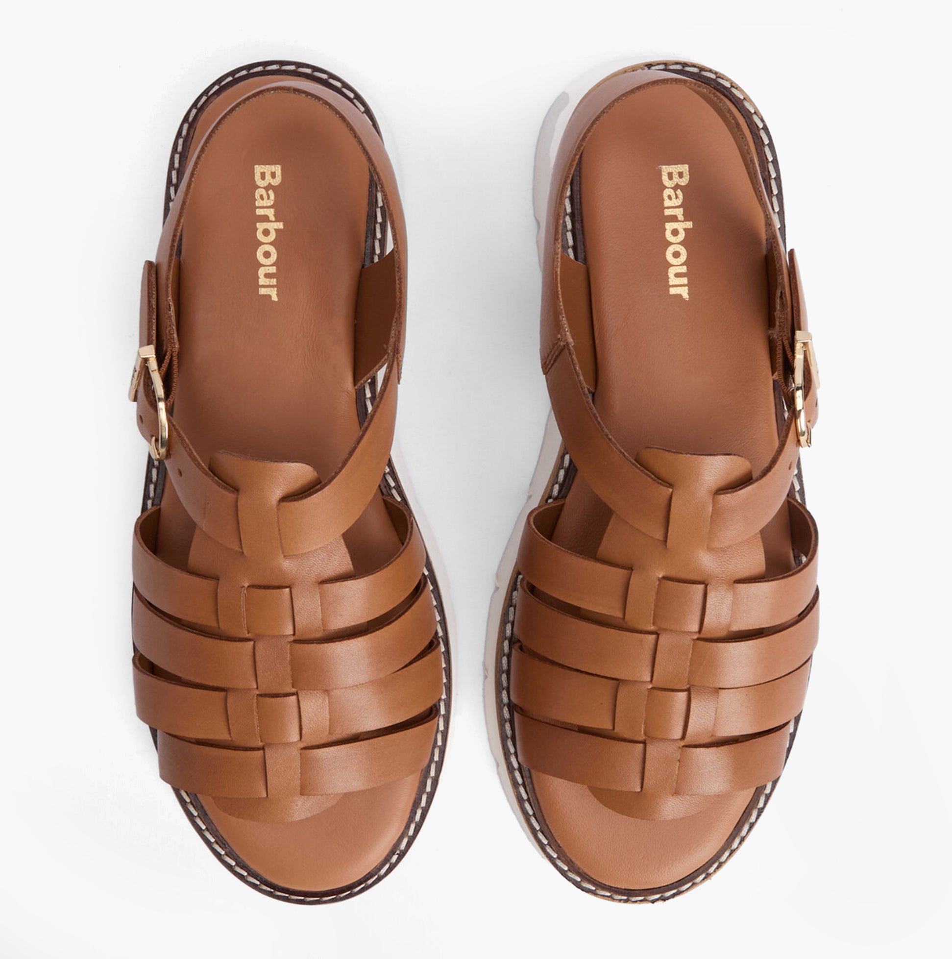 Barbour OTTERBURN Womens Fisherman Sandals Tan top view showcasing leather upper and buckle closure.