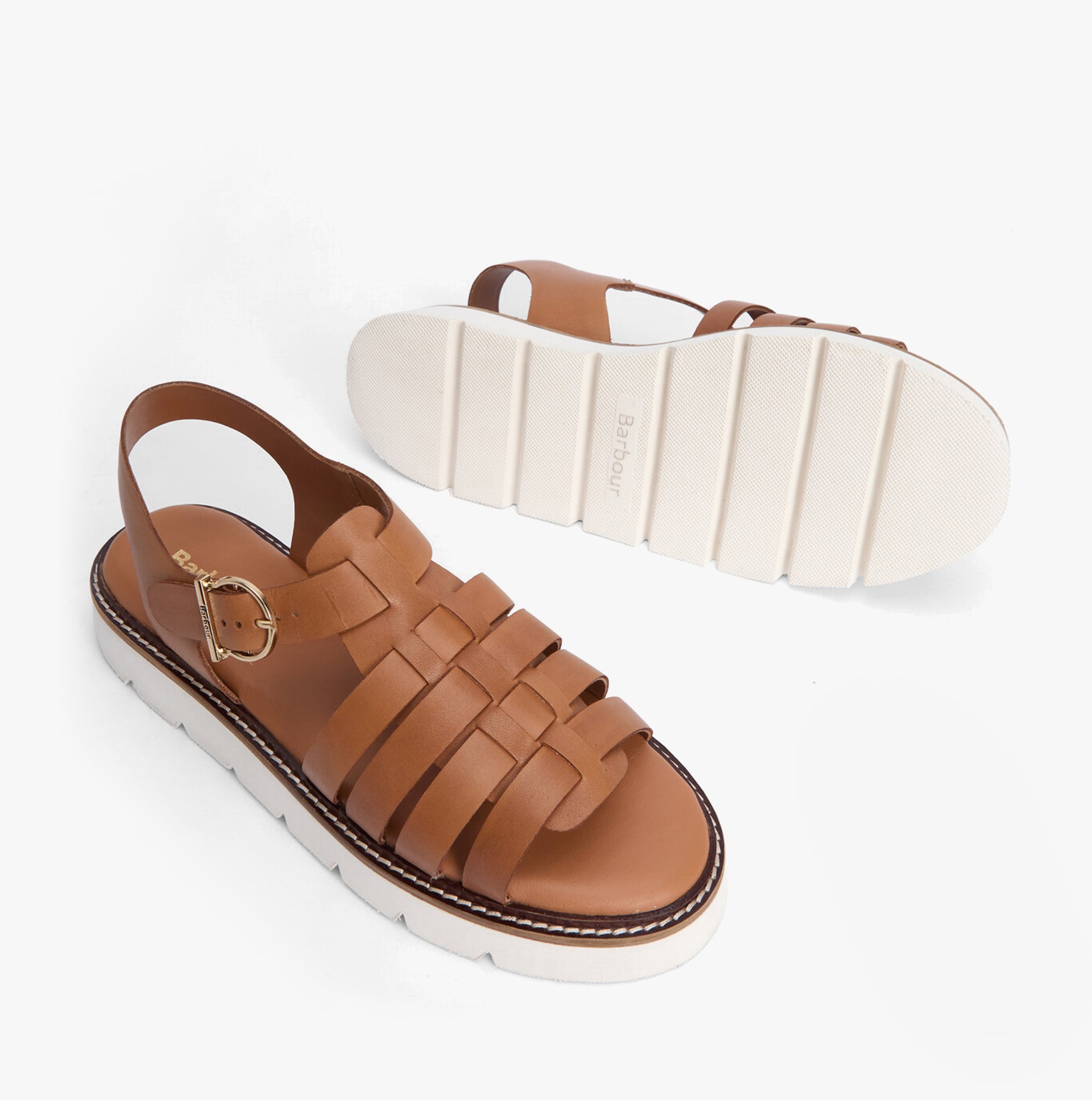 Barbour OTTERBURN Womens Fisherman Sandals Tan side view showing leather upper and rubber sole.