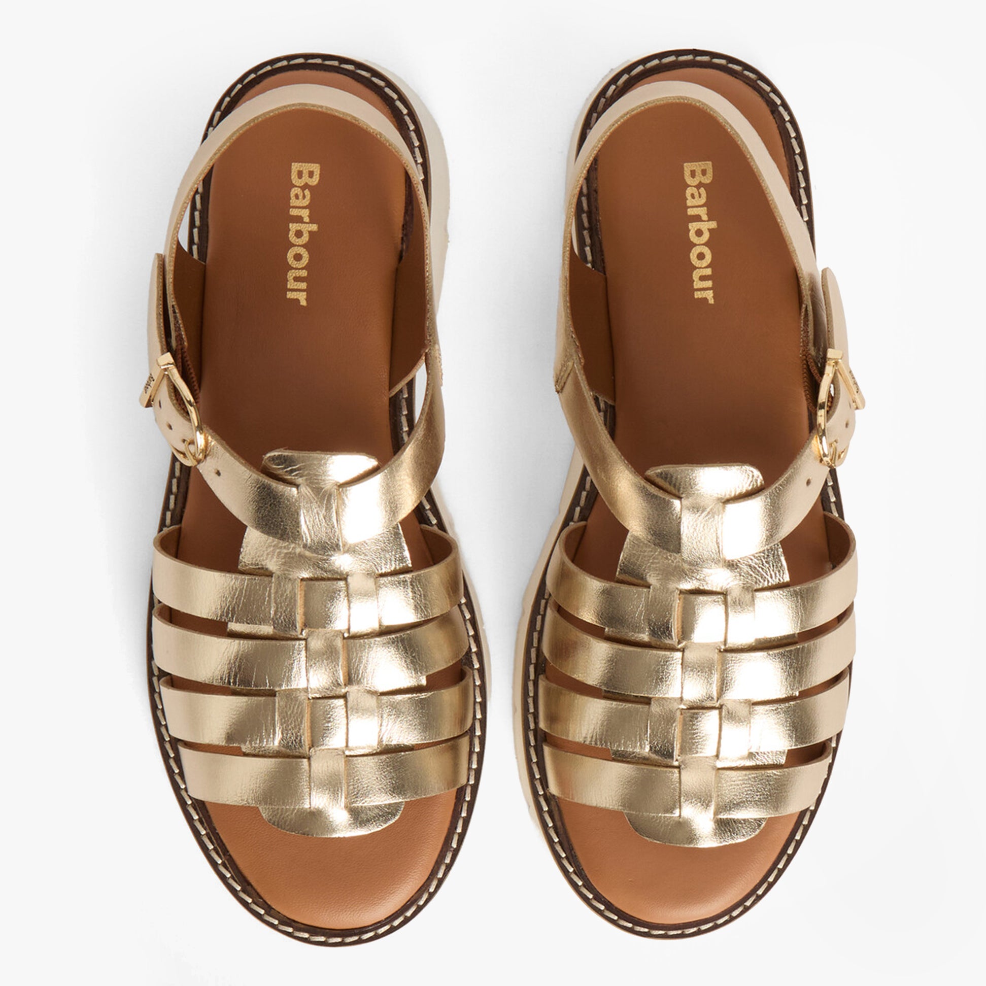 Barbour OTTERBURN Womens Fisherman Sandals Gold top view showing leather upper and woven design.