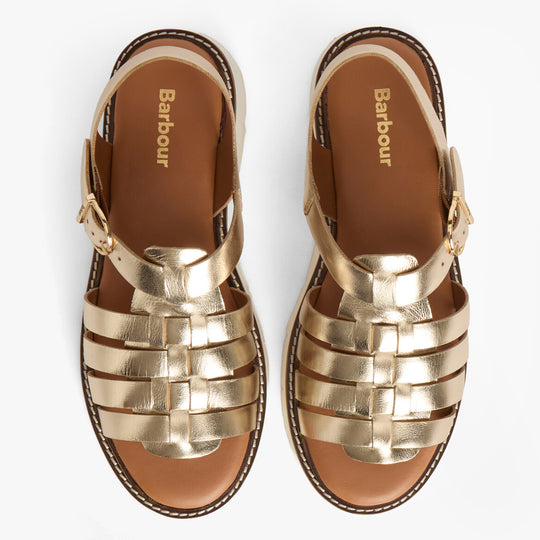Barbour OTTERBURN Womens Fisherman Sandals Gold top view showing leather upper and woven design.