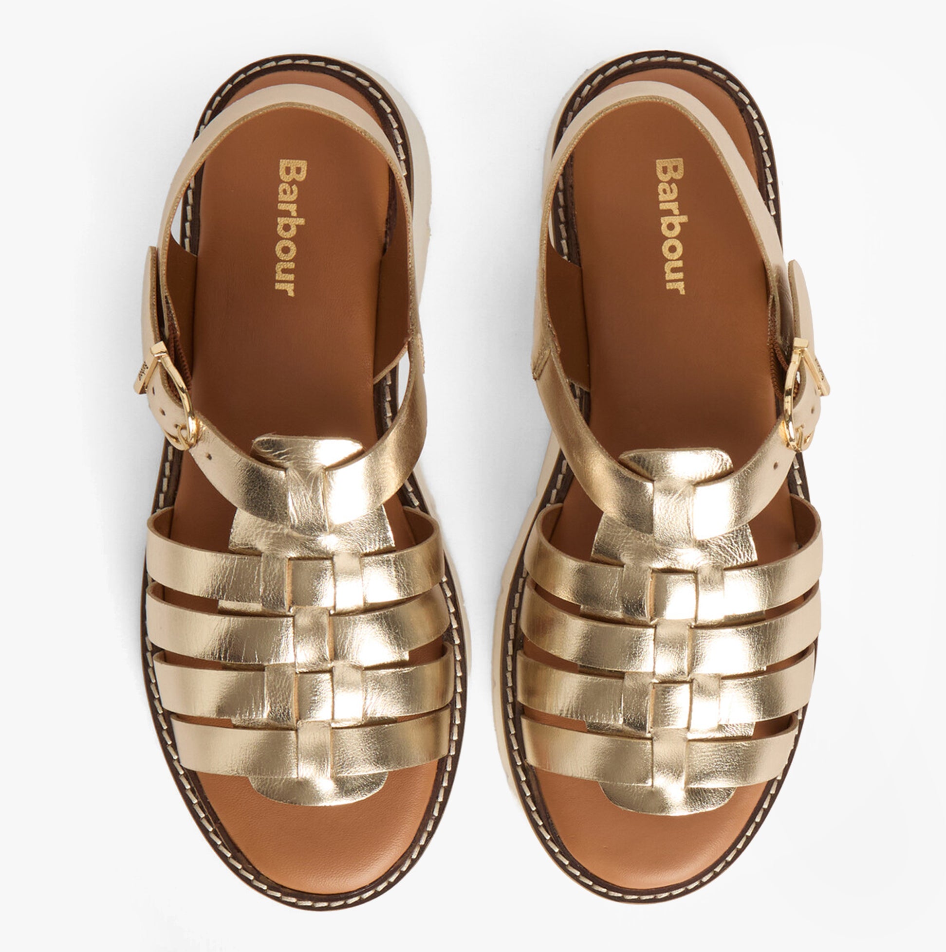 Barbour OTTERBURN Womens Fisherman Sandals Gold top view showing leather upper and woven design.