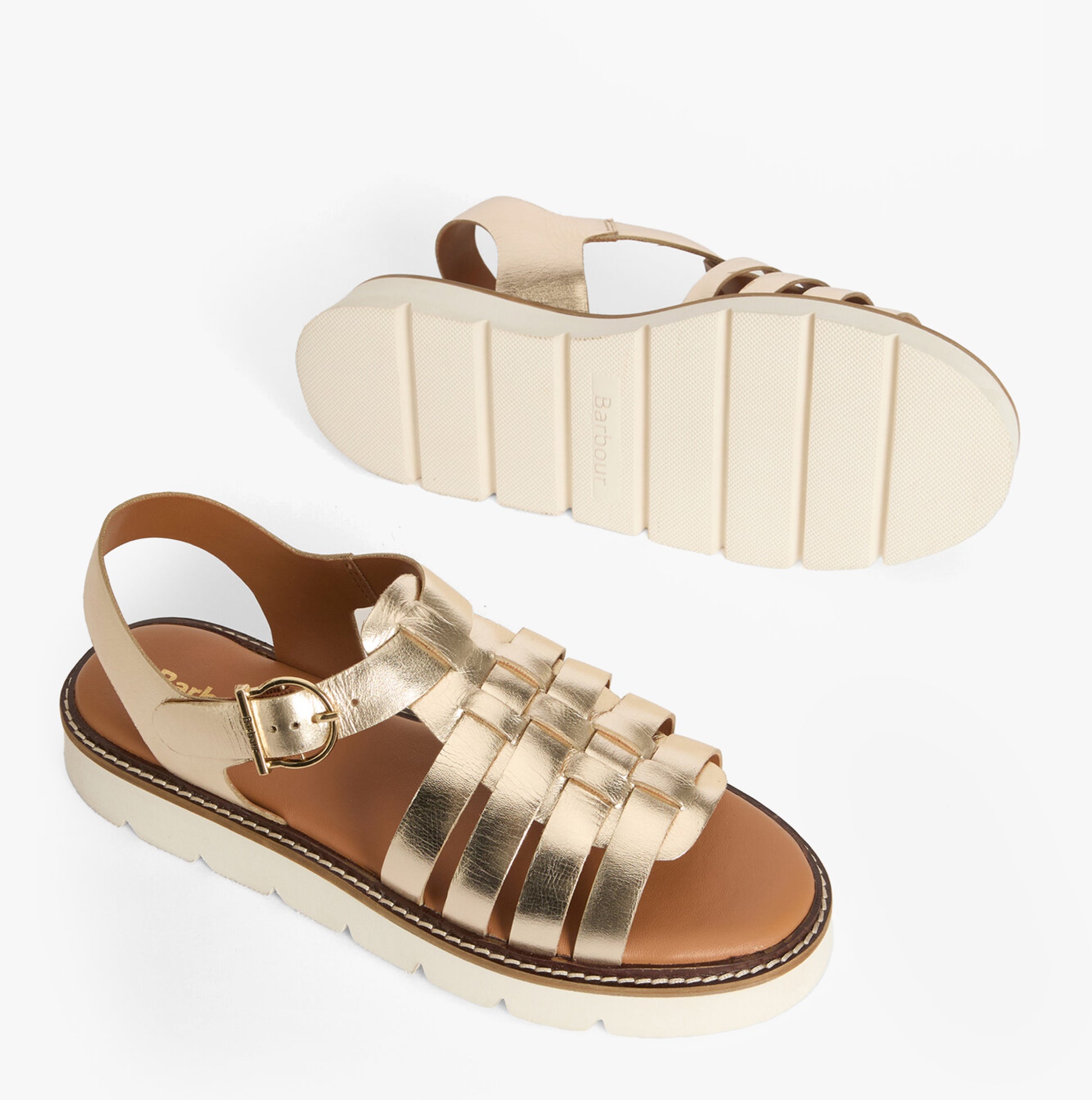 Barbour OTTERBURN Womens Fisherman Sandals Gold side and top view showcasing leather upper and rubber sole.