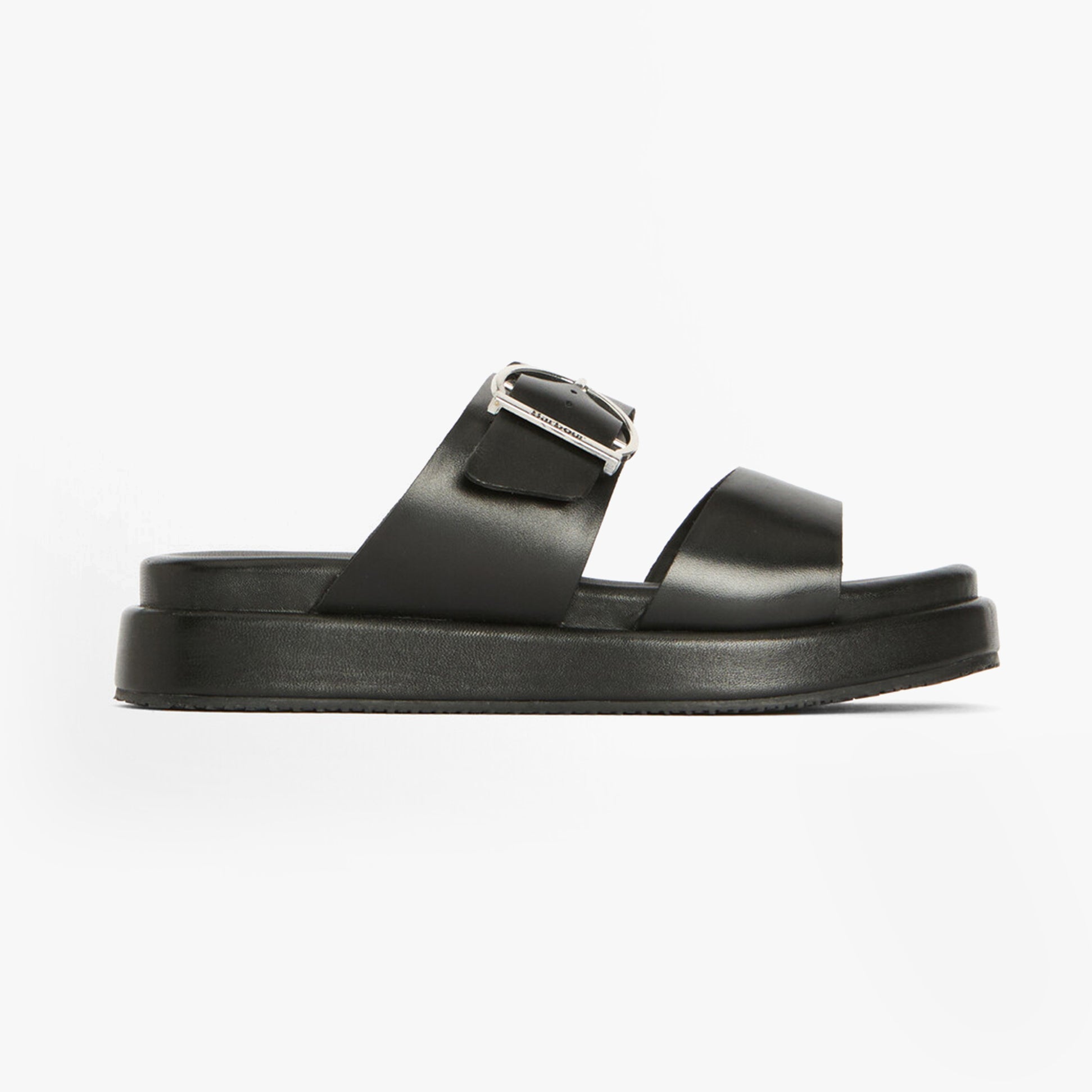Barbour ADELE Womens Sandals Black side view with platform sole and buckle detail.
