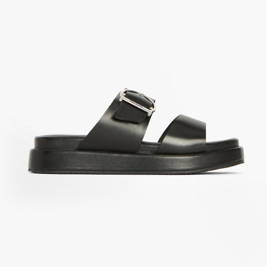 Barbour ADELE Womens Sandals Black side view with platform sole and buckle detail.