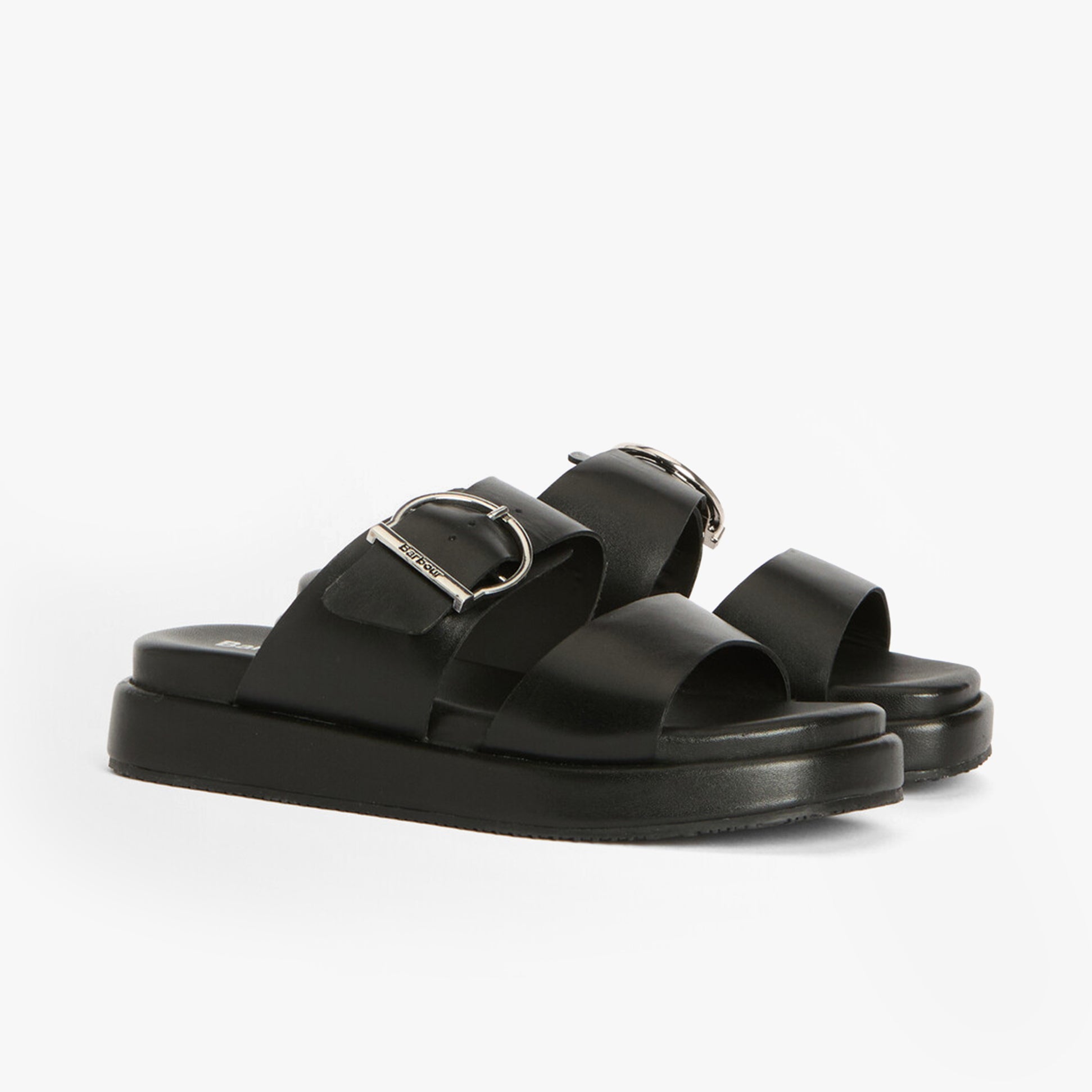 Barbour ADELE Womens Sandals Black side view showcasing leather upper and platform sole.