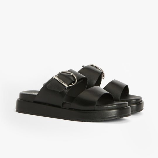 Barbour ADELE Womens Sandals Black side view showcasing leather upper and platform sole.