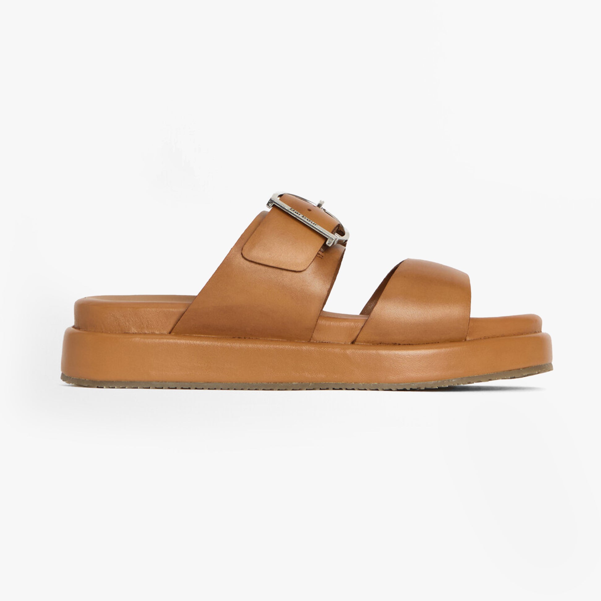 Barbour ADELE Womens Sandals Tan side view showcasing leather upper, slip-on design, and platform heel.