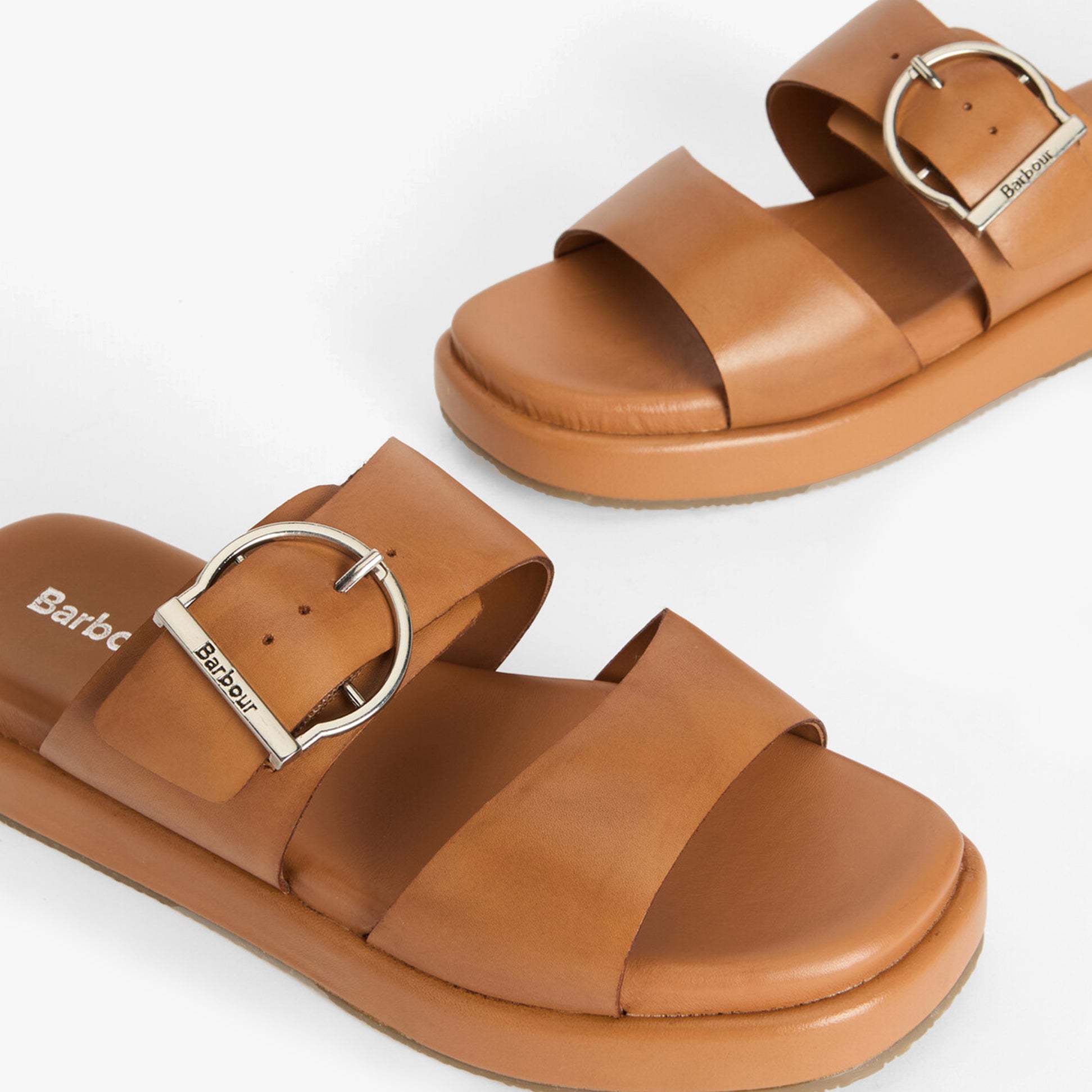 Barbour ADELE Womens Sandals Tan side view featuring brown leather upper and platform sole.