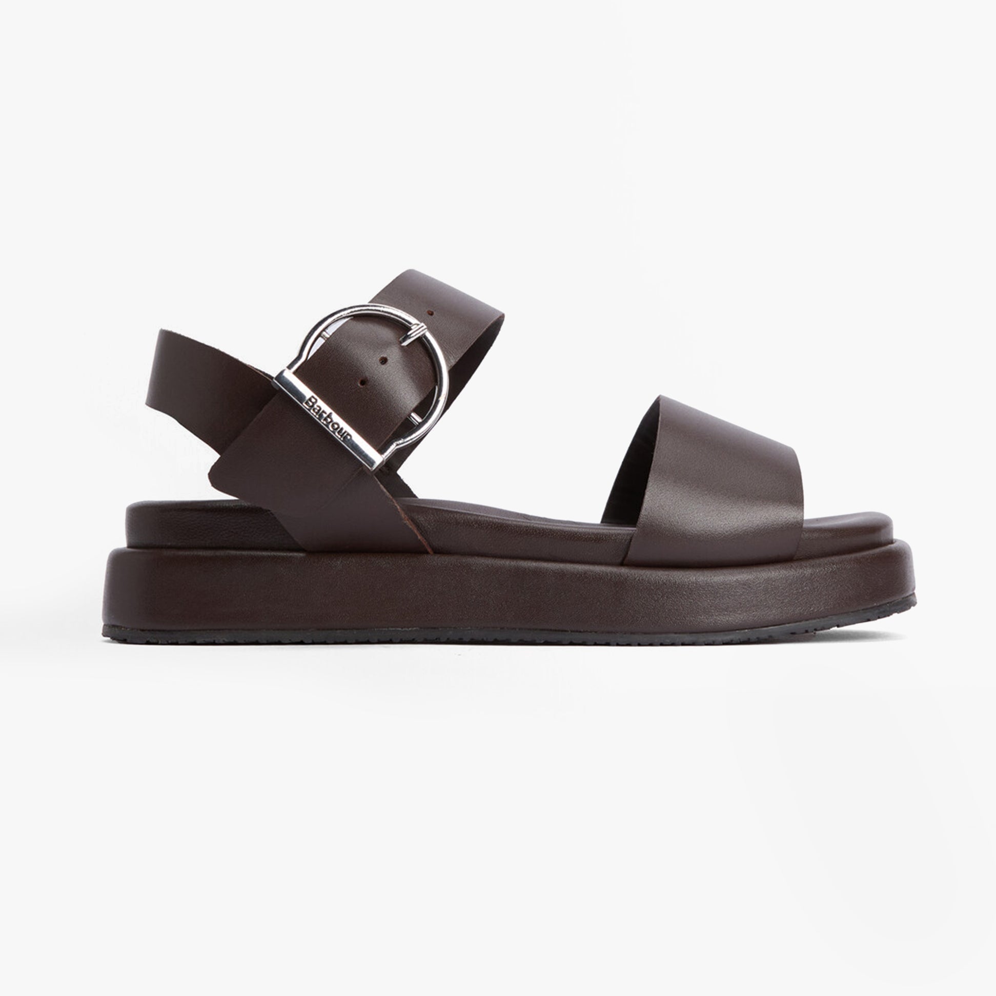 Barbour ERIN Womens Sandals Dark Brown side view showing leather upper and rubber sole with buckle closure.