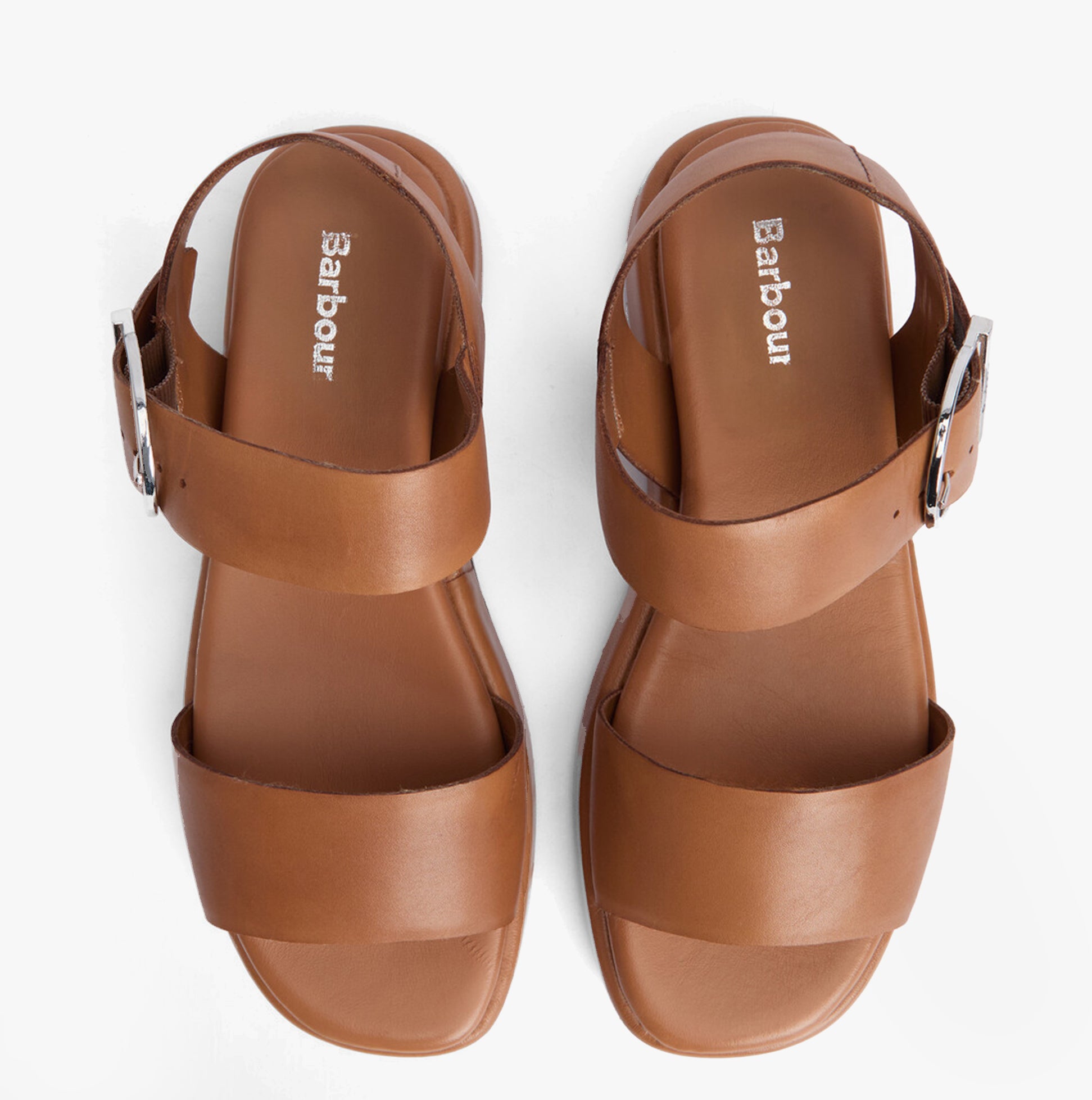 Top view of Barbour ERIN Womens Sandals Tan, featuring leather straps and buckle for comfort.