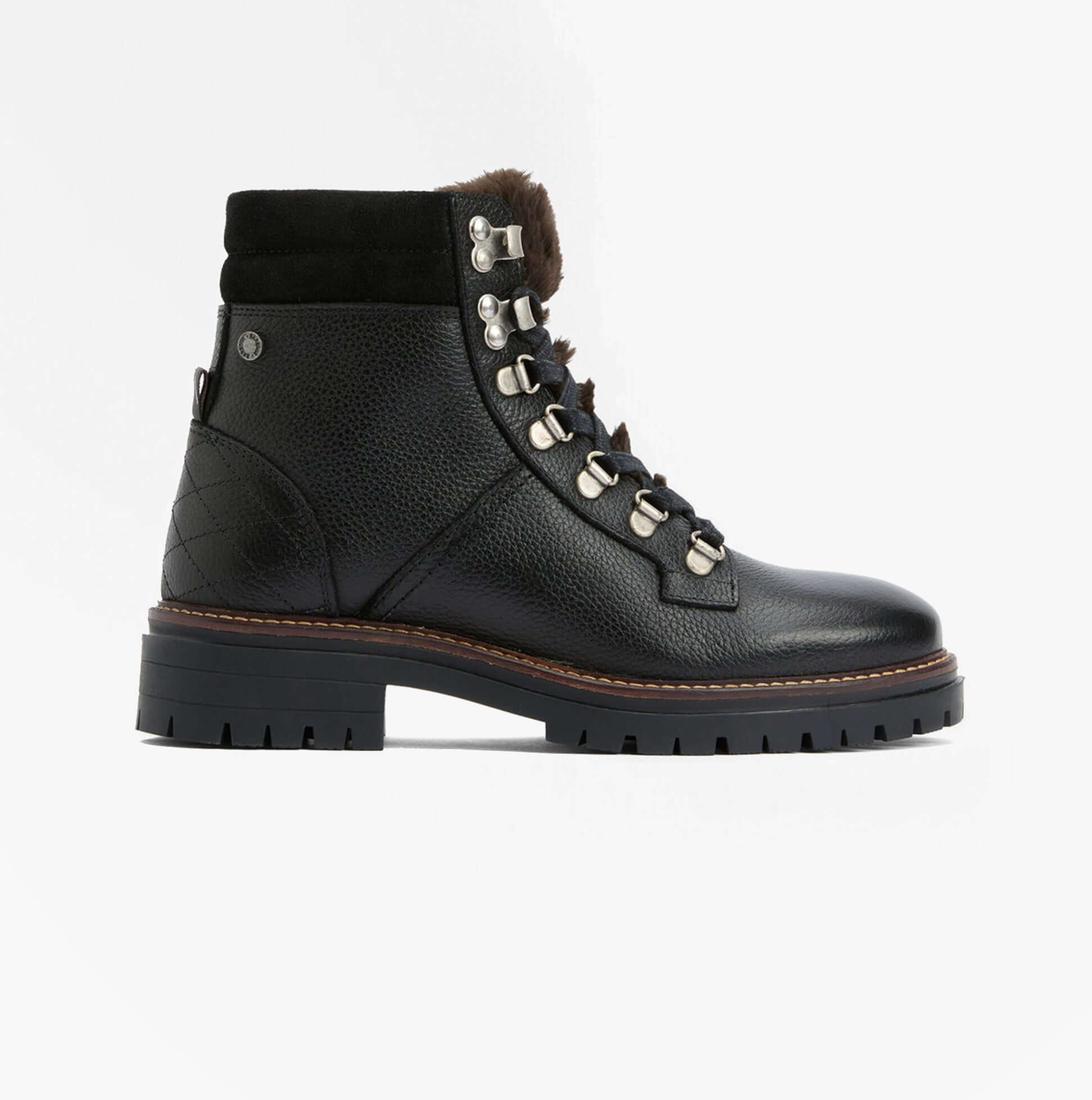 Barbour BAMBURGH Womens Hiker Boots Black side view showcasing leather textile, lace-up design and round toe.