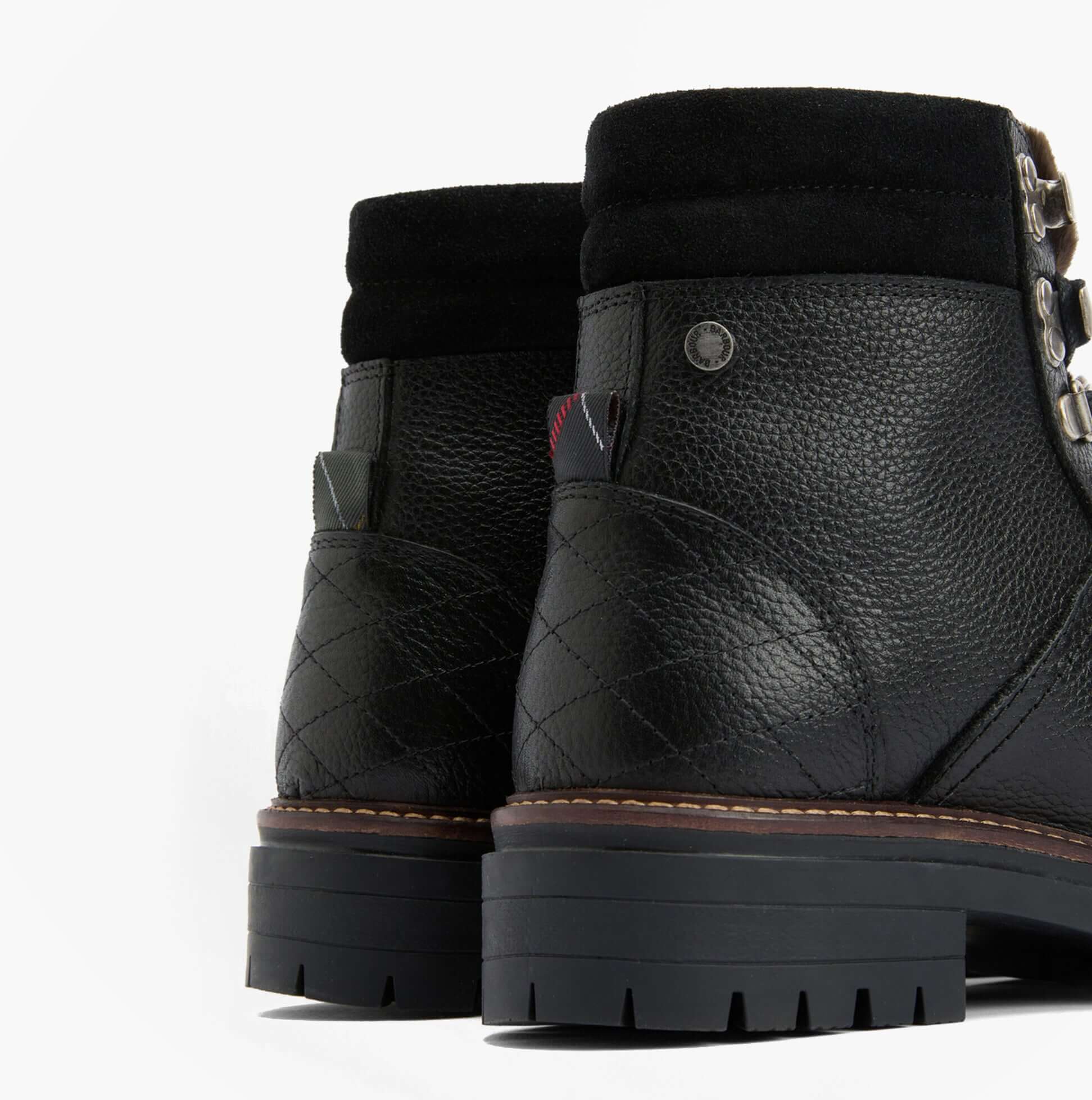 Barbour BAMBURGH Womens Hiker Boots Black rear view showcasing detailed leather and textile upper.