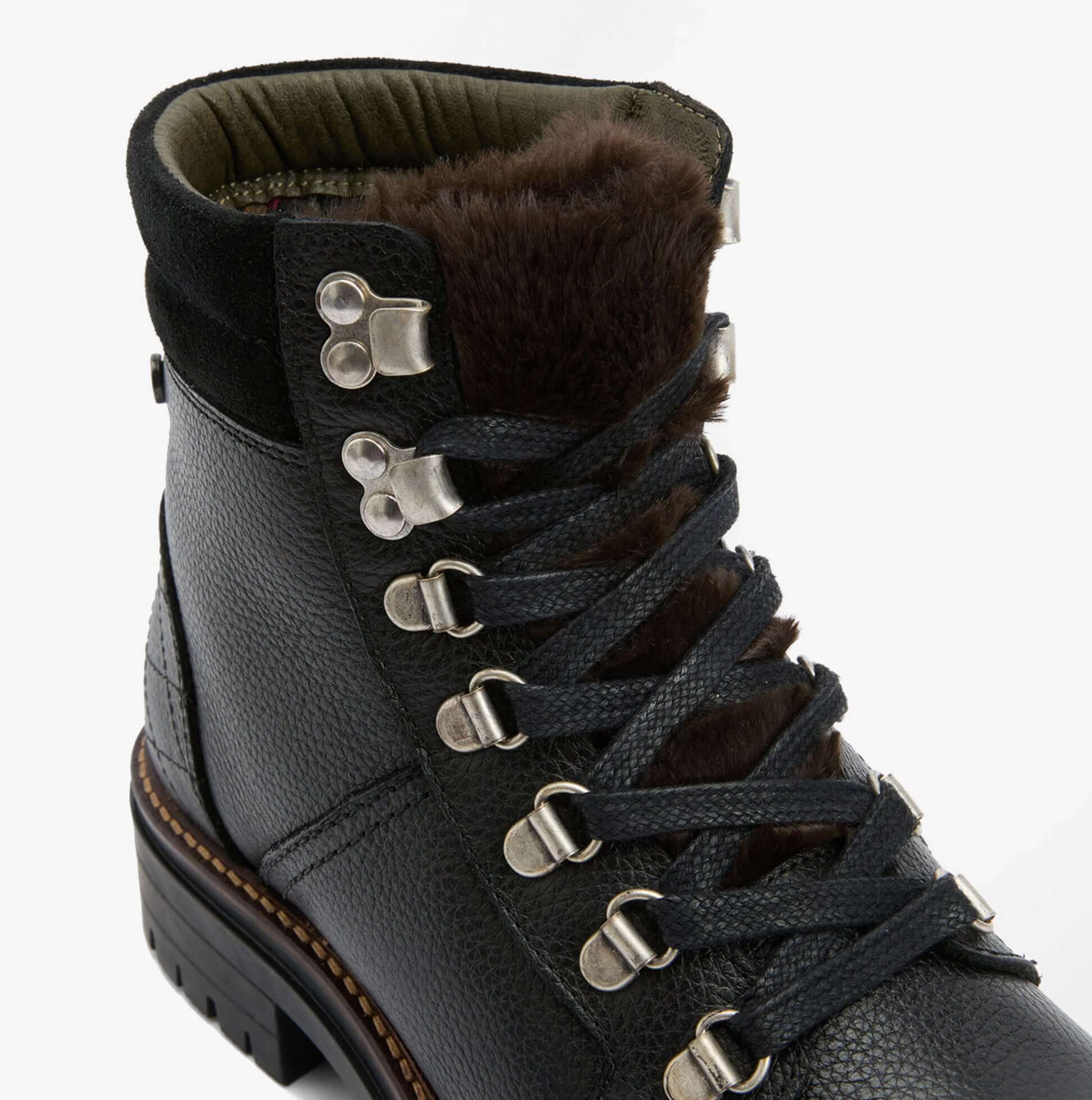 Barbour BAMBURGH Womens Hiker Boots Black detail view showcasing lace-up and fur lining features.