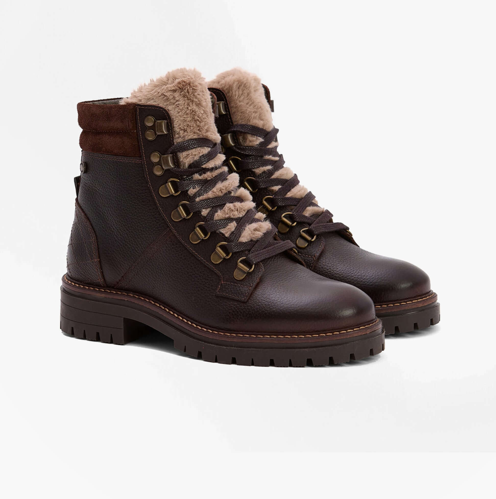 Barbour BAMBURGH Womens Hiker Boots Brown side view showing lace-up design and faux fur lining.