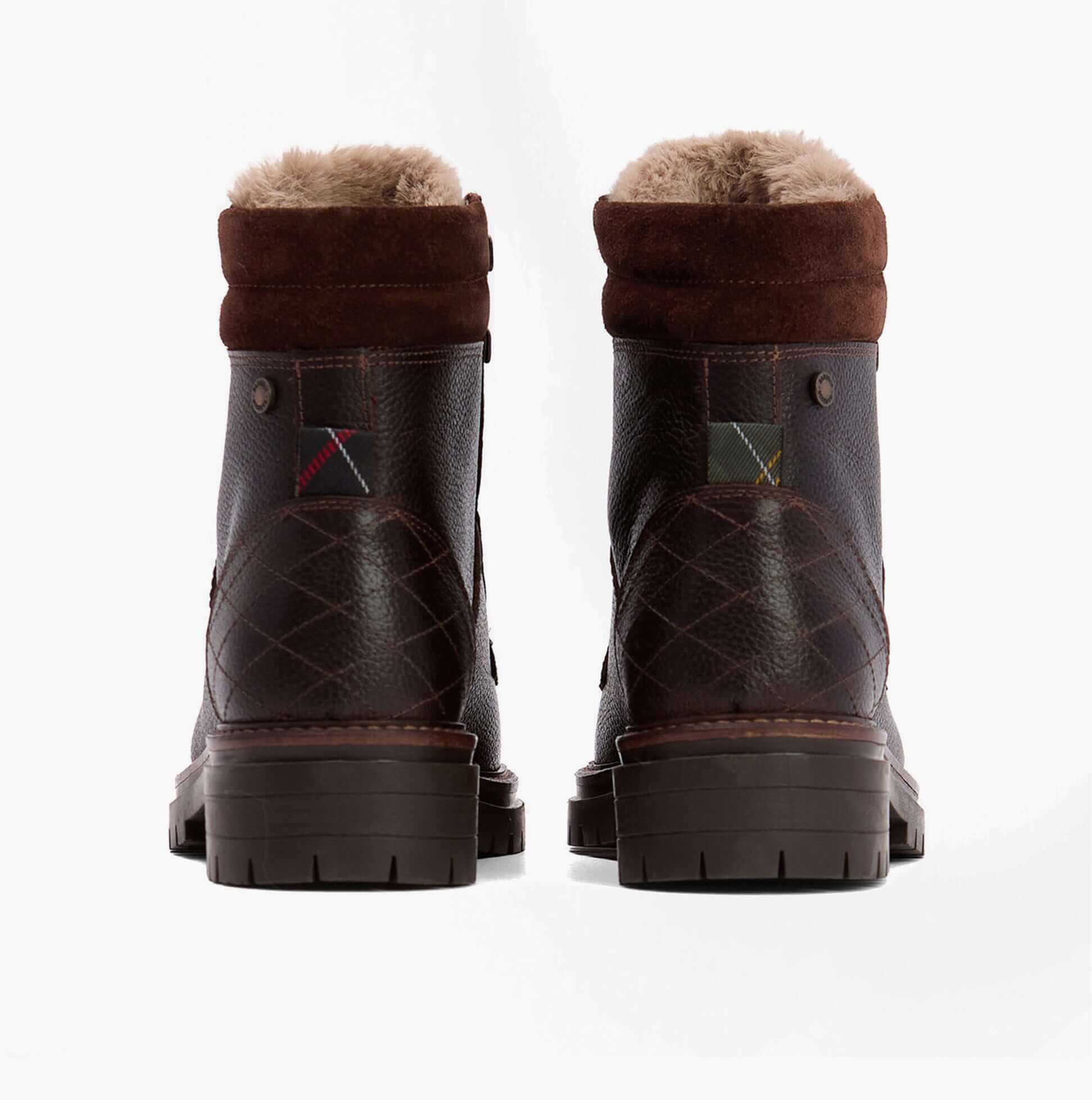 Barbour BAMBURGH Womens Hiker Boots Brown back view featuring leather and textile upper and plush lining.