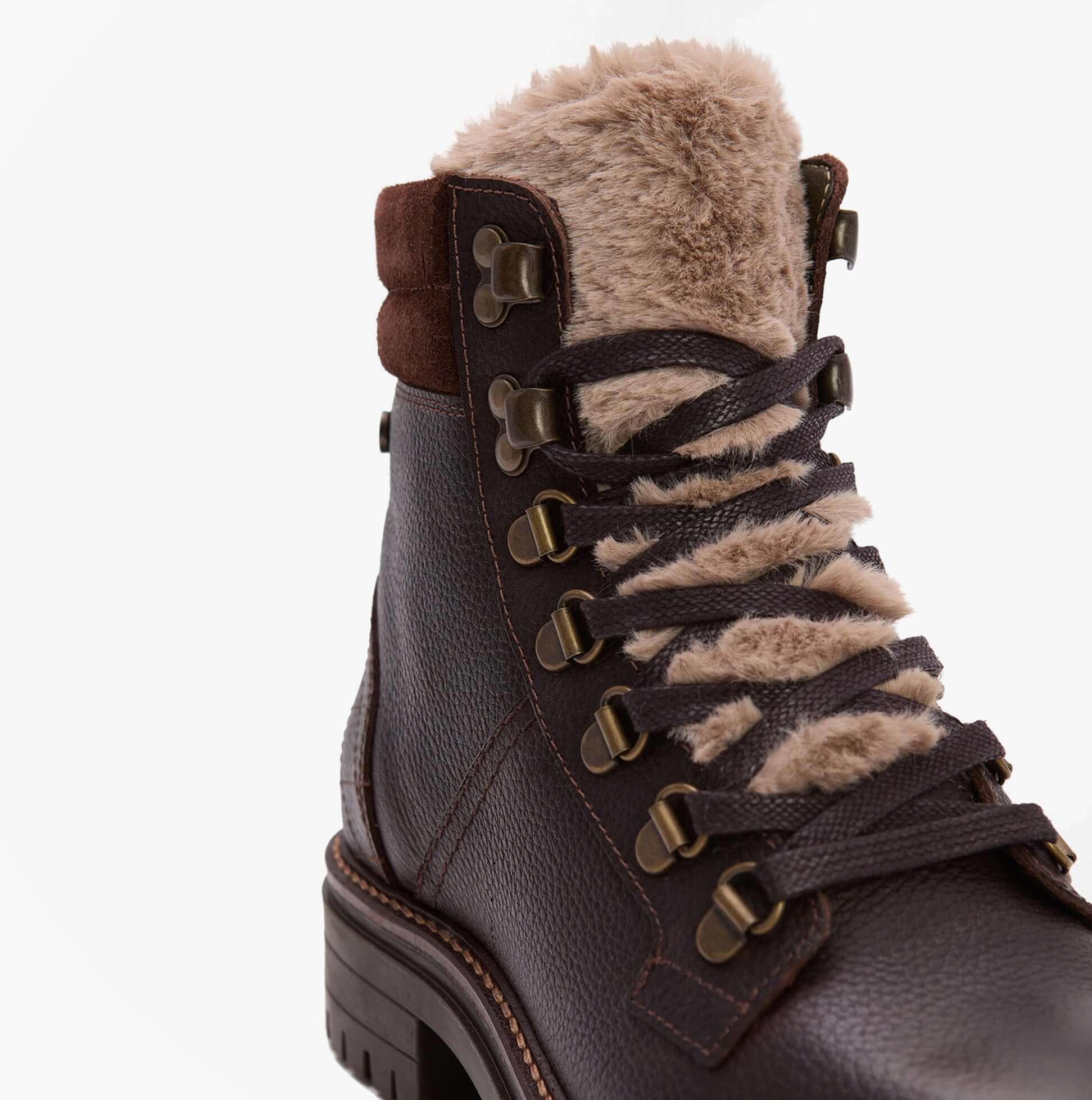 Barbour BAMBURGH Womens Hiker Boots Brown close-up detail view showcasing lace-up design and cozy faux fur collar.