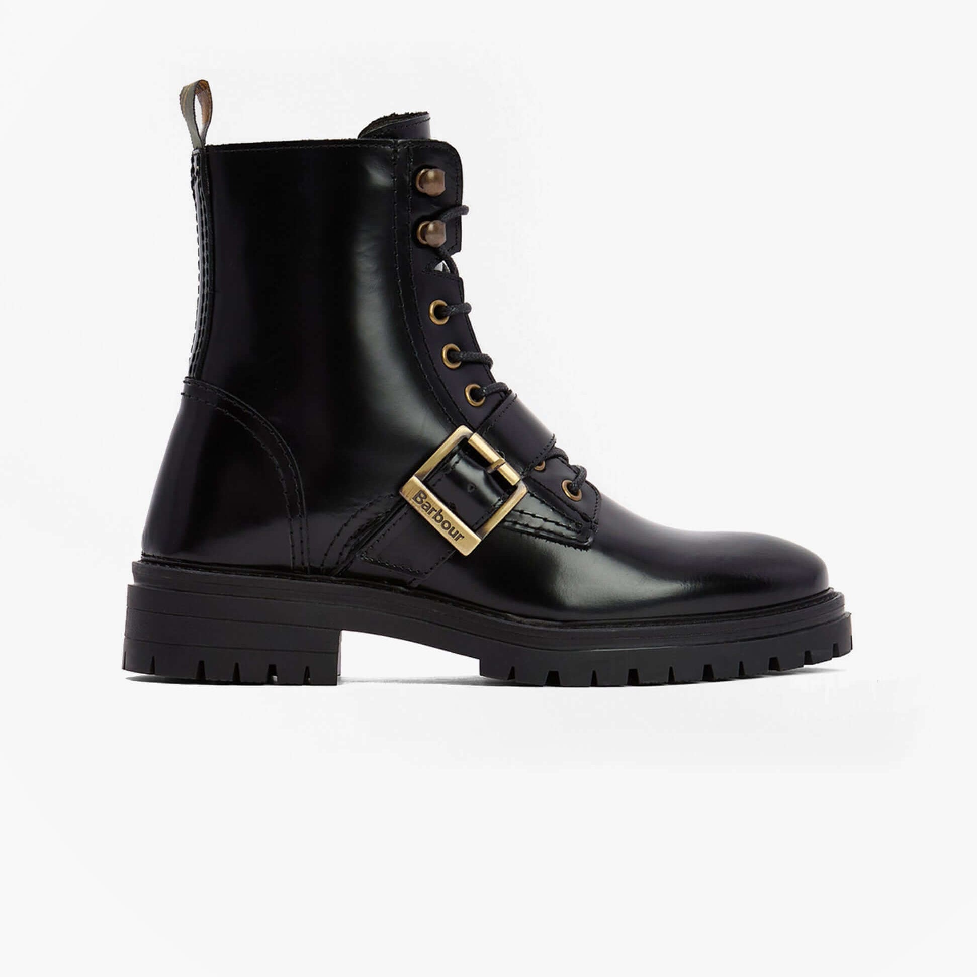 Barbour OUSEBURNE Womens Lace Up Boots Black Glace side view featuring combat style, leather upper, and rubber sole.