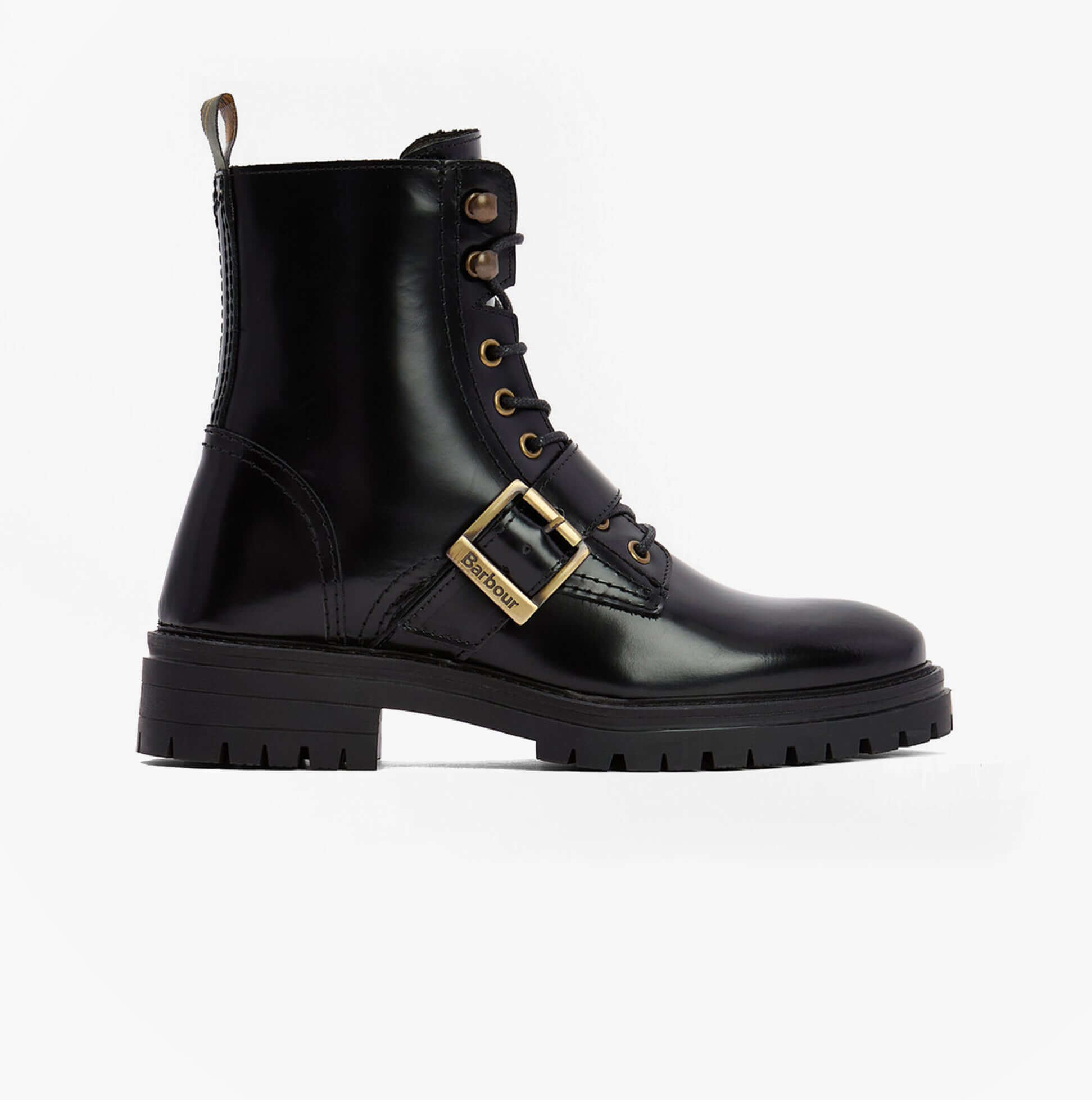 Barbour OUSEBURNE Womens Lace Up Boots Black Glace side view featuring combat style, leather upper, and rubber sole.