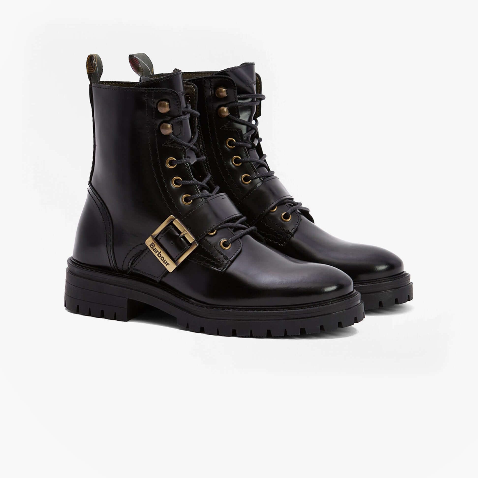 Barbour OUSEBURNE Womens Lace Up Boots Black Glace detail view showcasing leather upper and lace-up fastening.