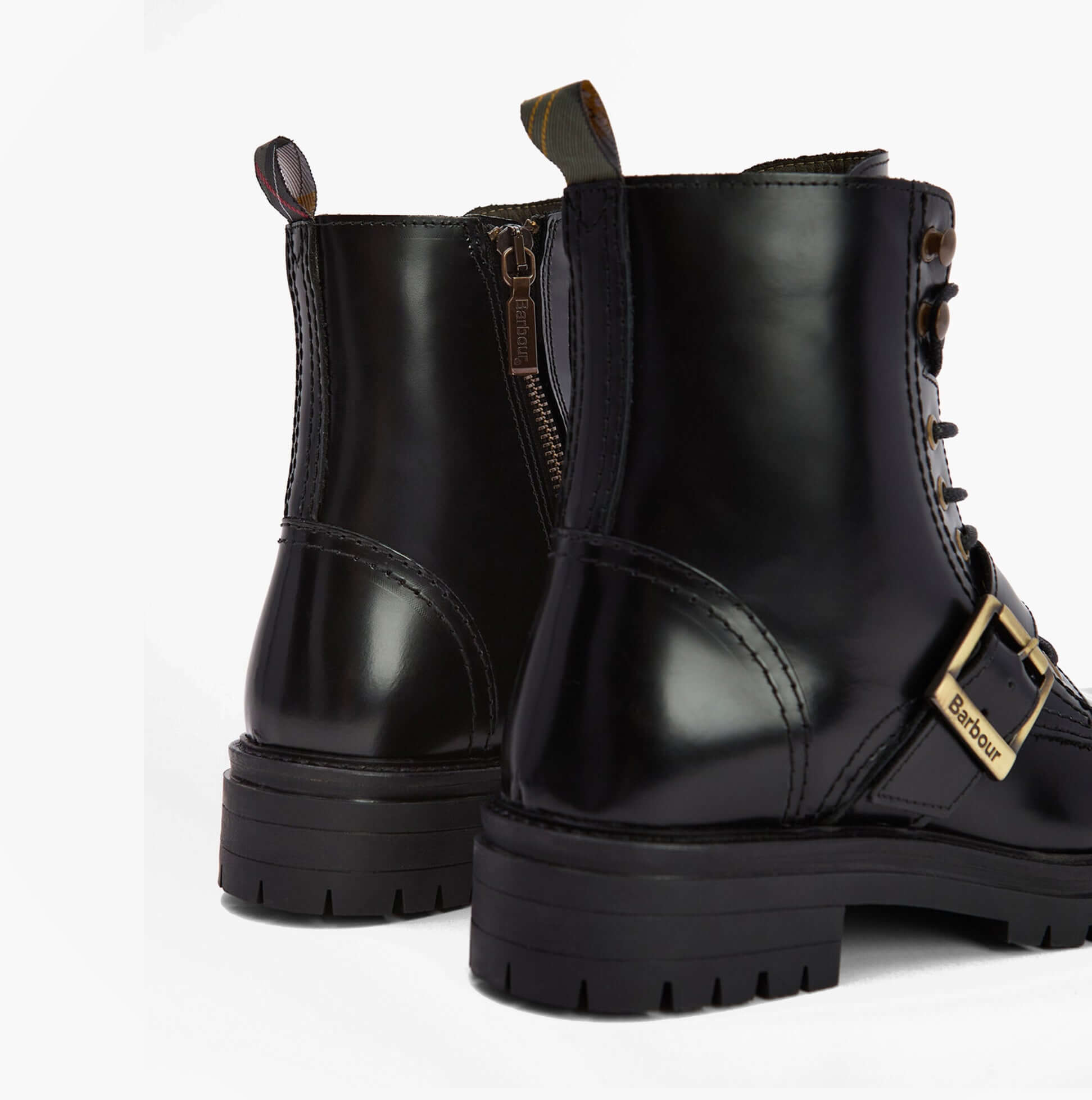 Barbour OUSEBURNE Womens Lace Up Boots Black Glace rear view showcasing leather finish and lace-up detail.