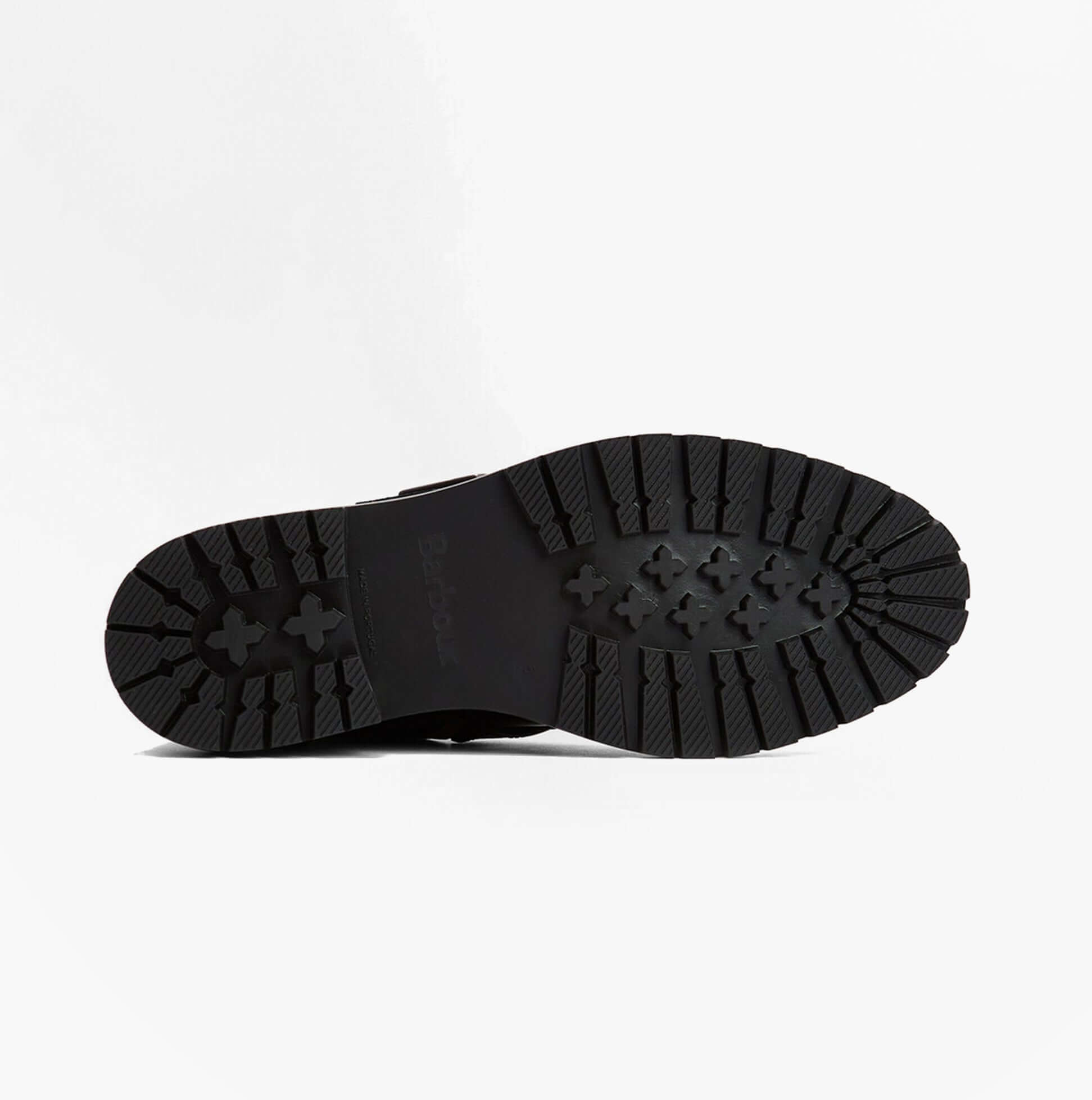 Barbour OUSEBURNE Womens Lace Up Boots Black Glace bottom view featuring durable rubber sole with traction pattern.