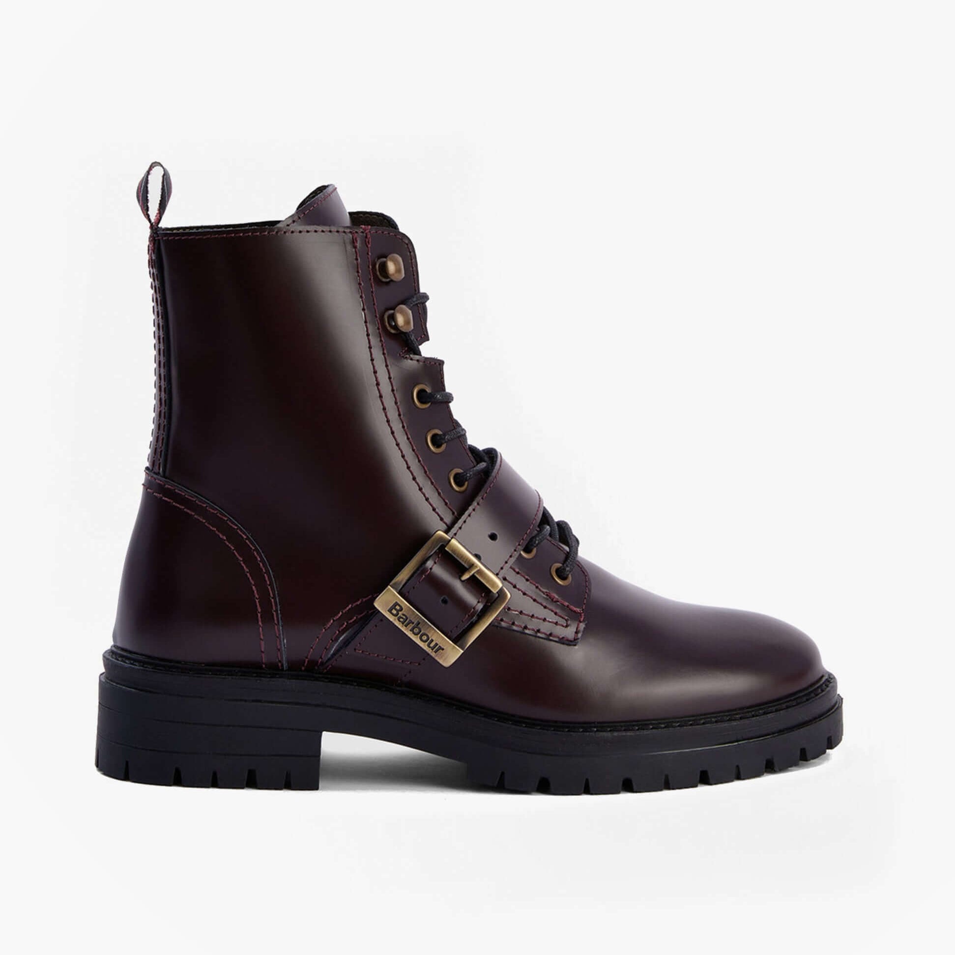 Barbour OUSEBURNE Womens Lace Up Boots Cherry Glace side view featuring leather upper and rubber sole.