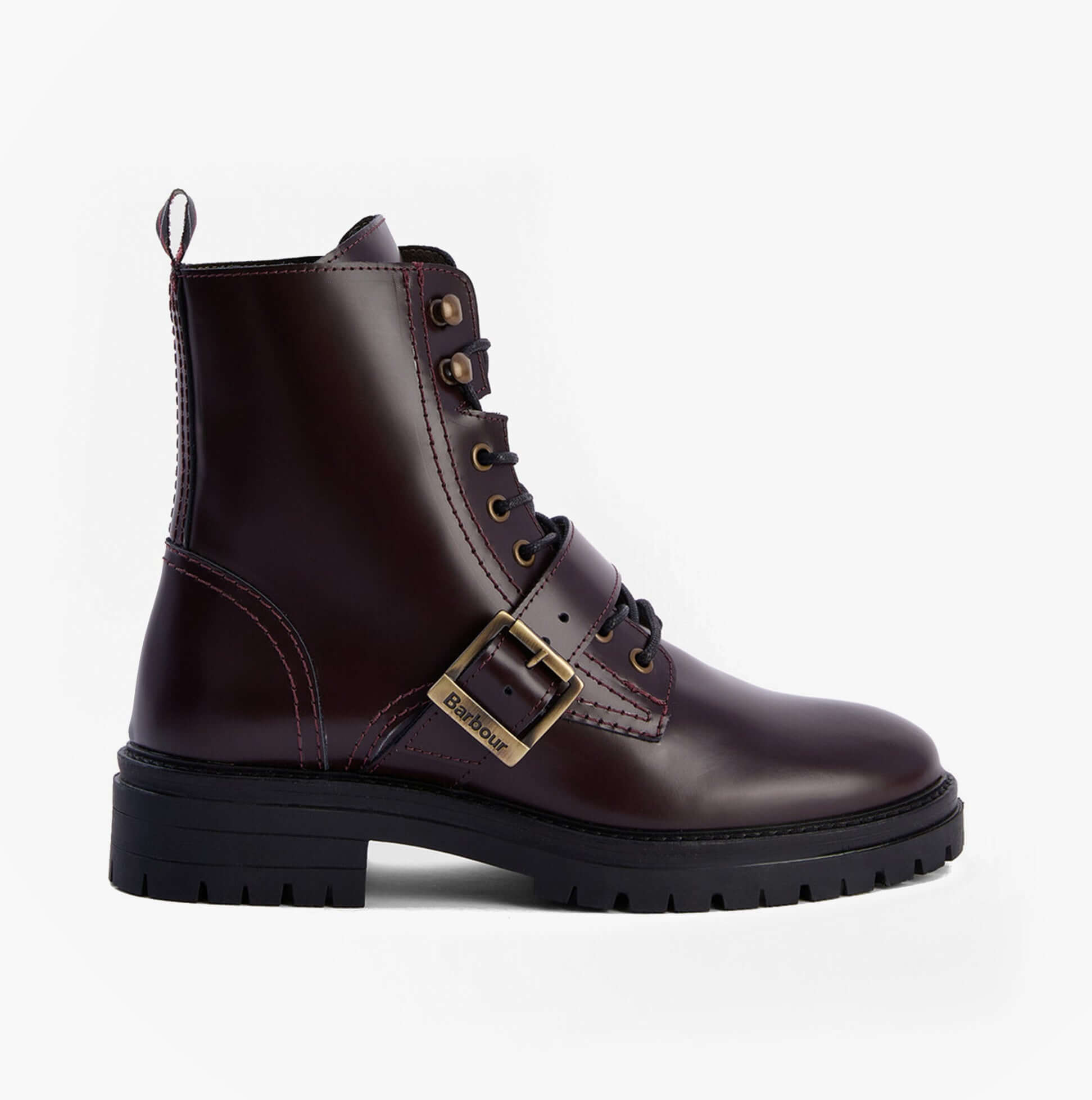 Barbour OUSEBURNE Womens Lace Up Boots Cherry Glace side view featuring leather upper and rubber sole.