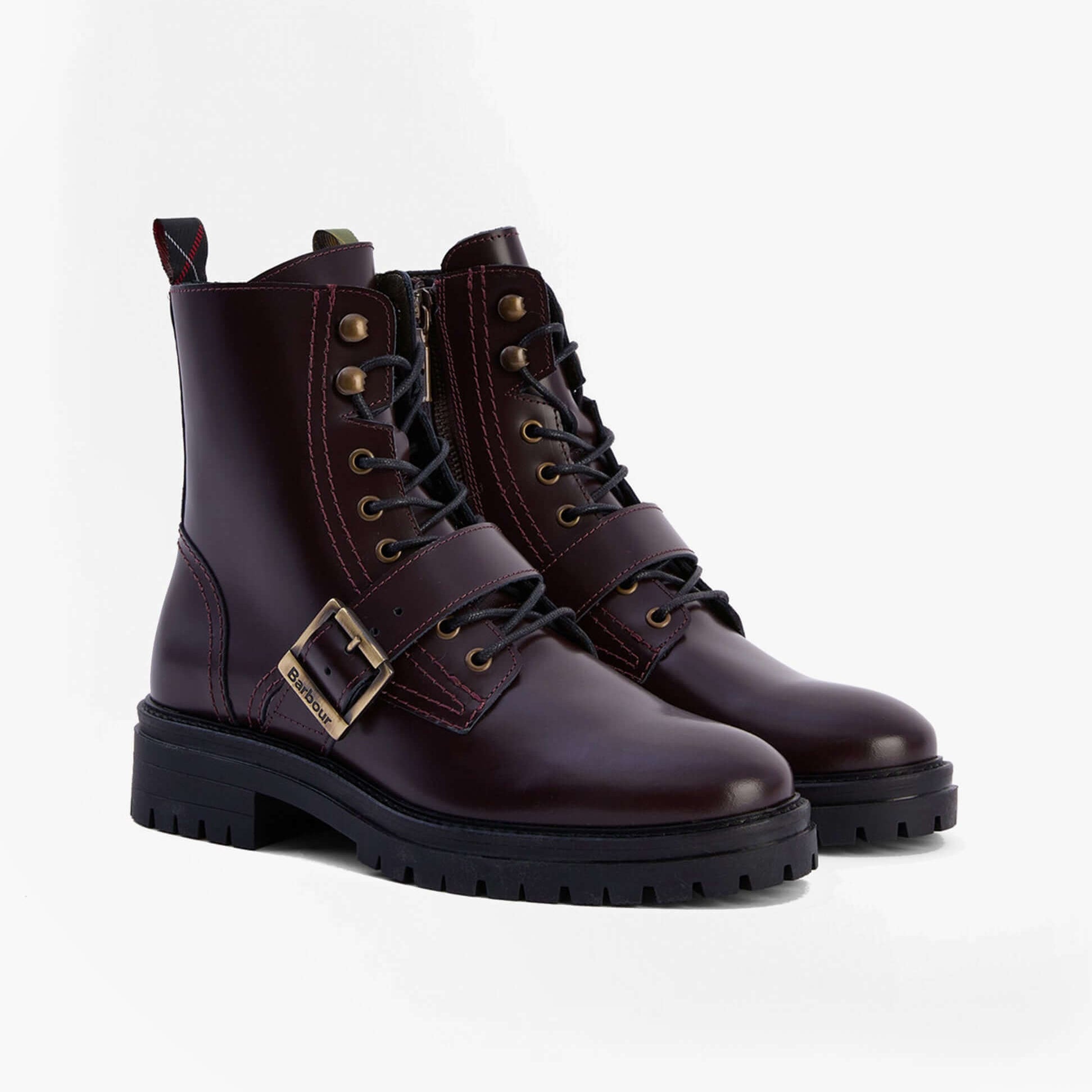 Barbour OUSEBURNE Womens Lace Up Boots Cherry Glace side view featuring leather upper and rubber sole.