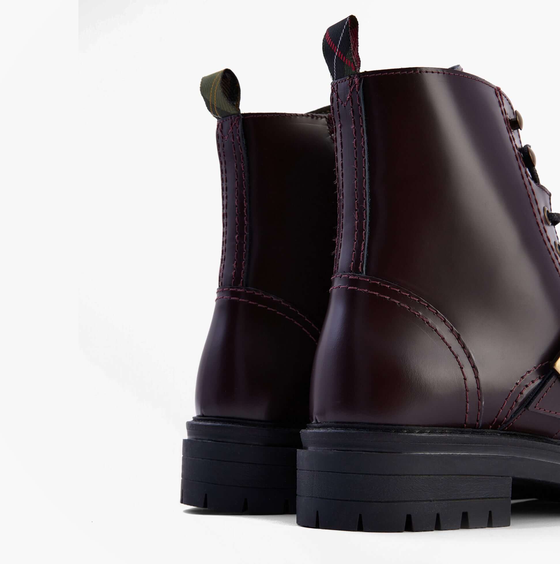 Barbour OUSEBURNE Womens Lace Up Boots Cherry Glace rear view showcasing the glossy deep cherry leather finish.