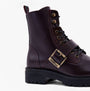 Barbour OUSEBURNE Womens Lace Up Boots Cherry Glace side view showcasing combat style leather upper and buckle detail.