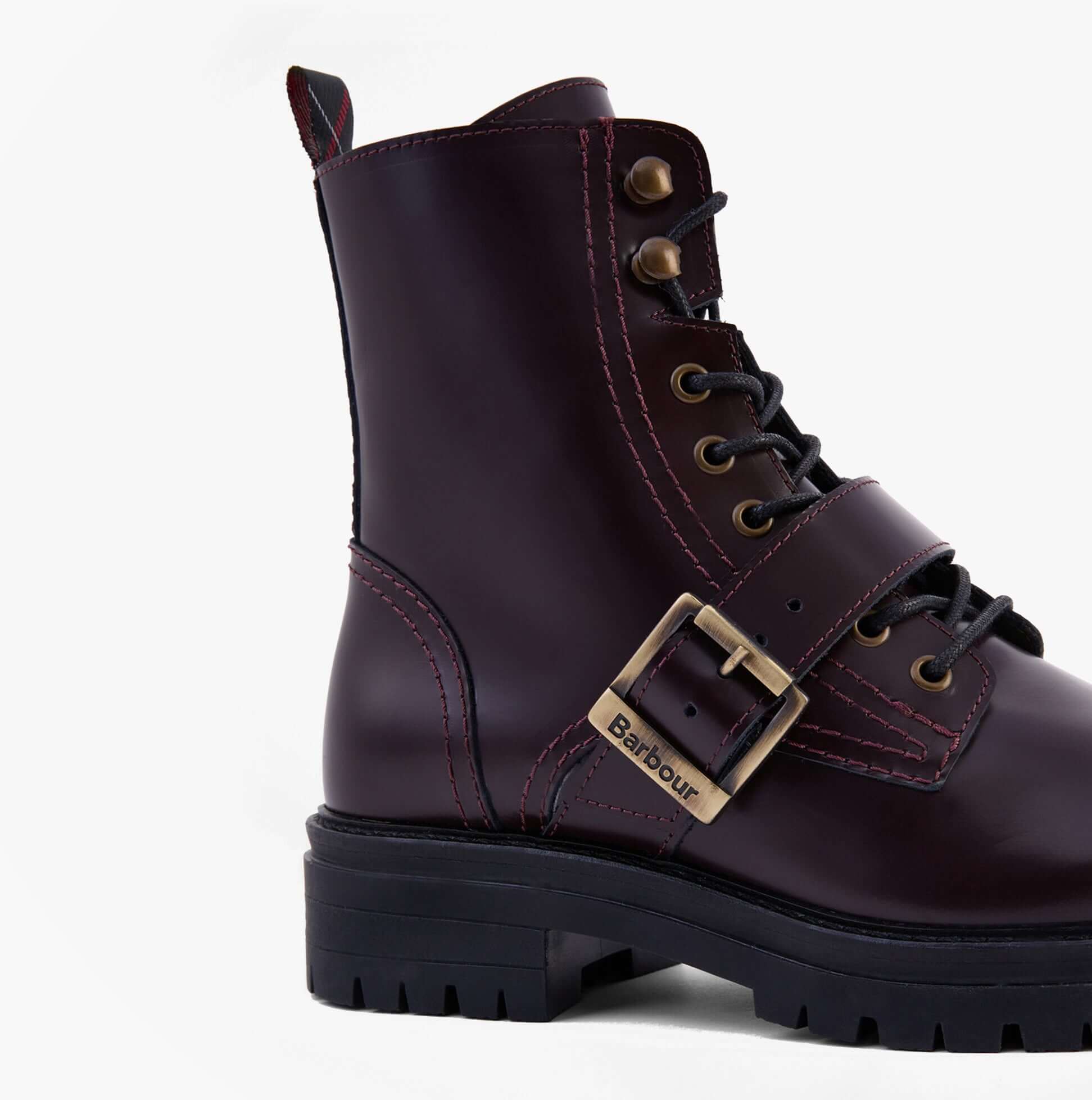 Barbour OUSEBURNE Womens Lace Up Boots Cherry Glace side view showcasing combat style leather upper and buckle detail.