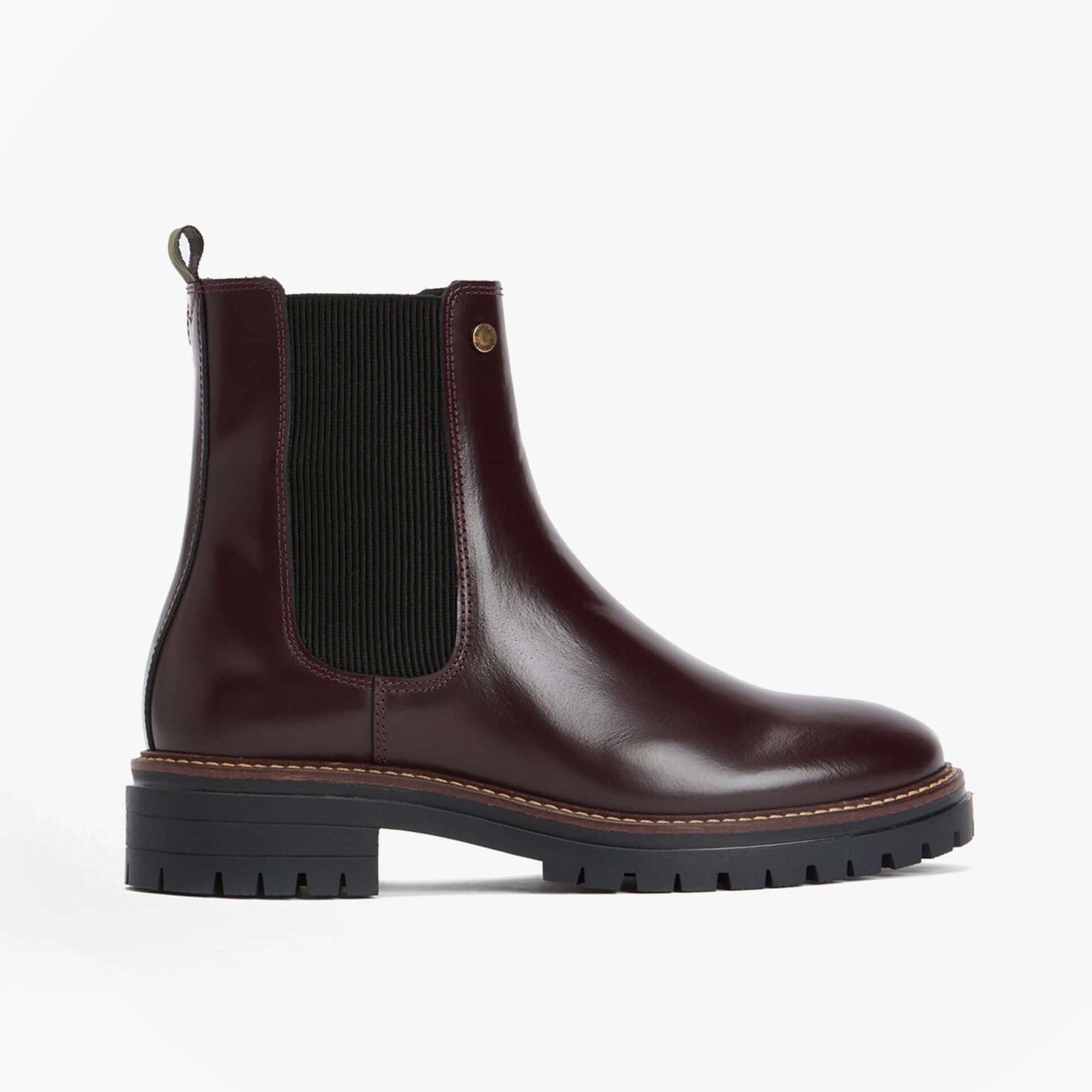 Barbour MARLA Womens Chelsea Boots Cherry Glace side view showcasing burgundy leather upper and elastic panels
