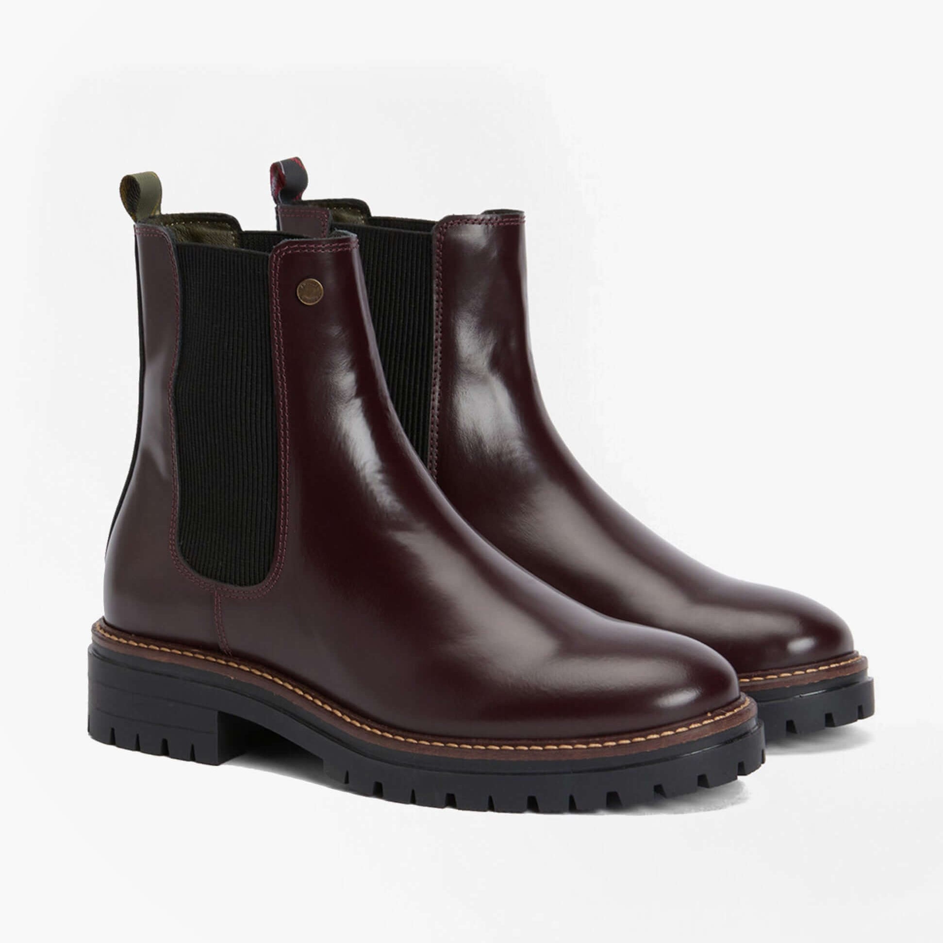 Barbour MARLA Womens Chelsea Boots Cherry Glace side view showing glossy cherry leather, elastic panels, and durable sole.